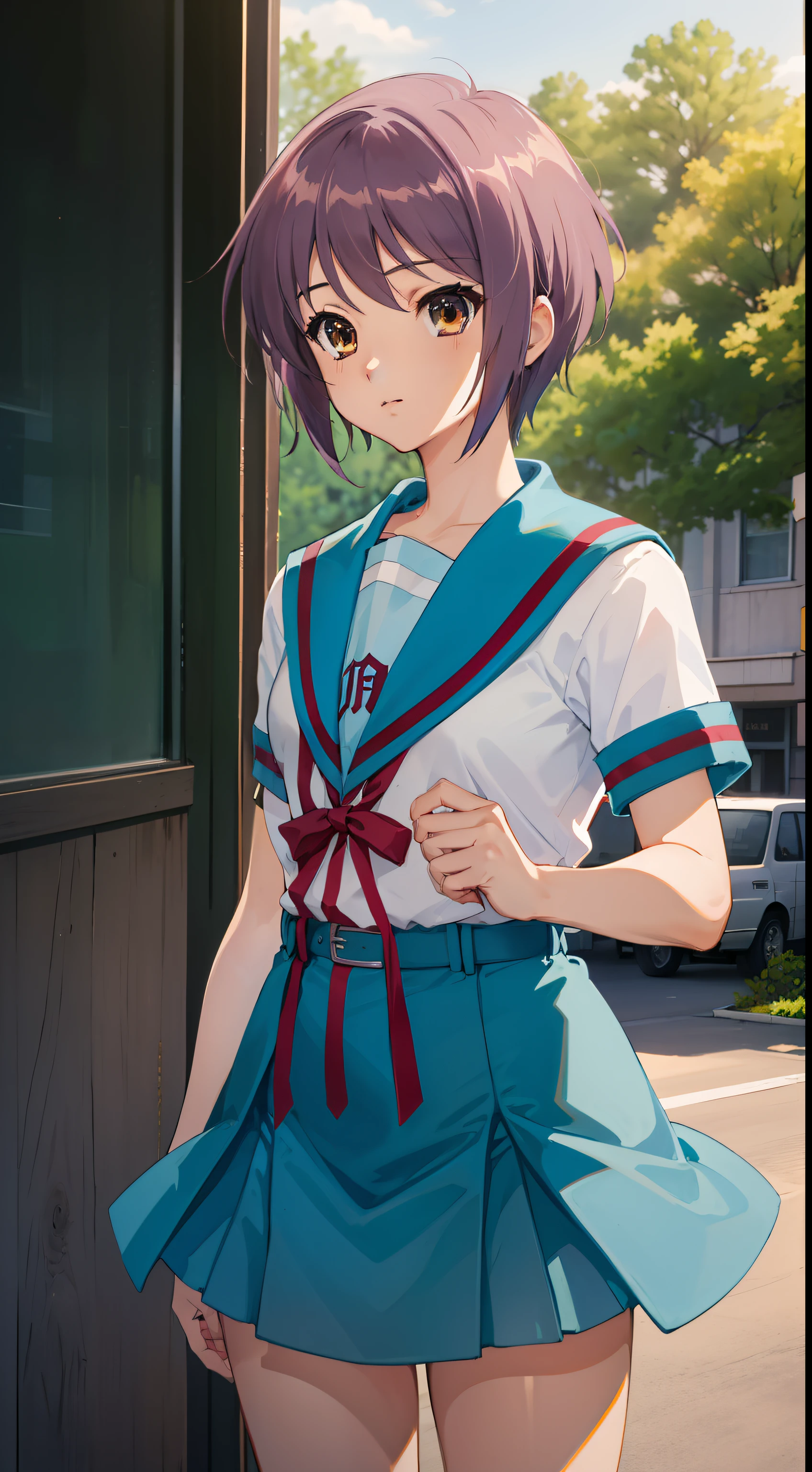 masterpiece, best quality, highres, ny1, school uniform, blue sailor collar, serafuku, skirt, blue skirt, short sleeves, white shirt, cowboy shot, standing, outdoors