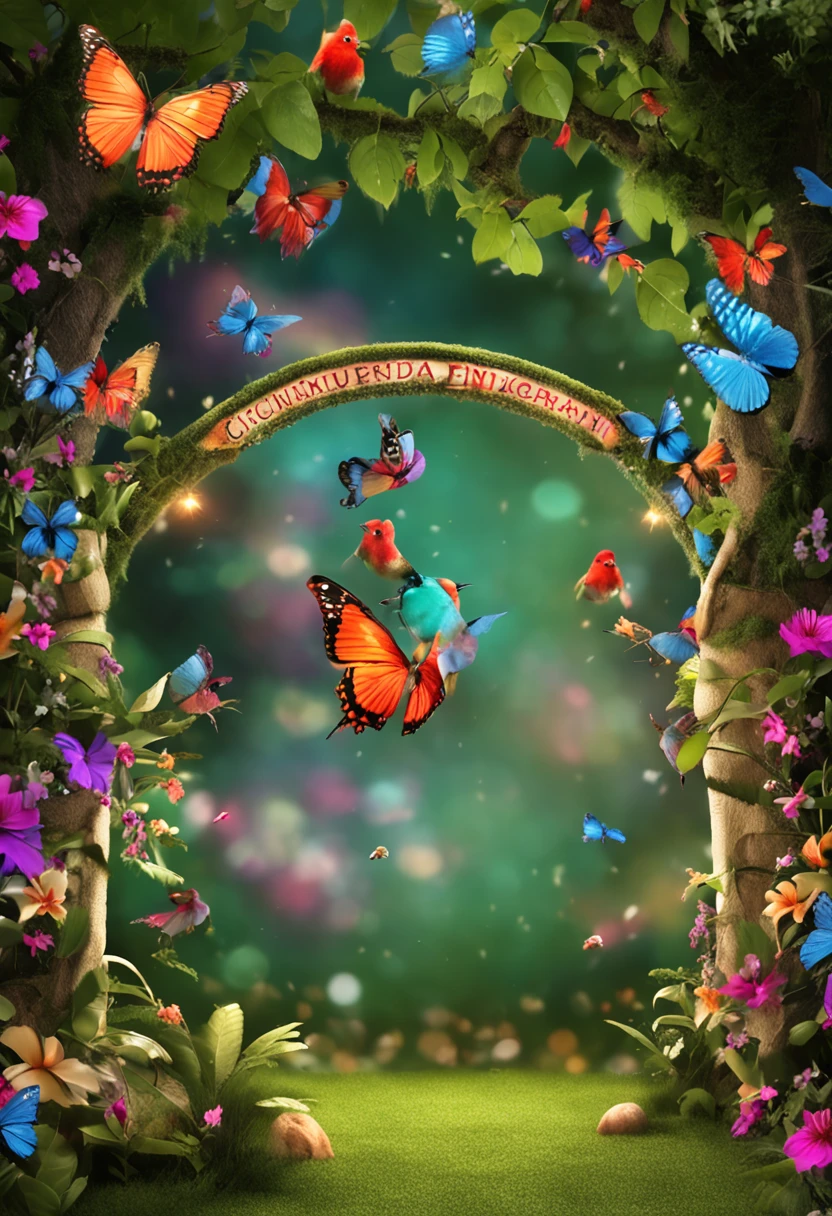 CREATE ME A PHOTOGRAPHY BACKGROUND WITH ENCHANTED GARDEN THEMECOELEMENTS FLOWERS BUTTERFLIES TREES BIRDS AND EVERYTHING VERY COLORFUL BEAUTIFUL PERFECT WITH BIRDS AND HUMMINGBIRD SQUIRRELS