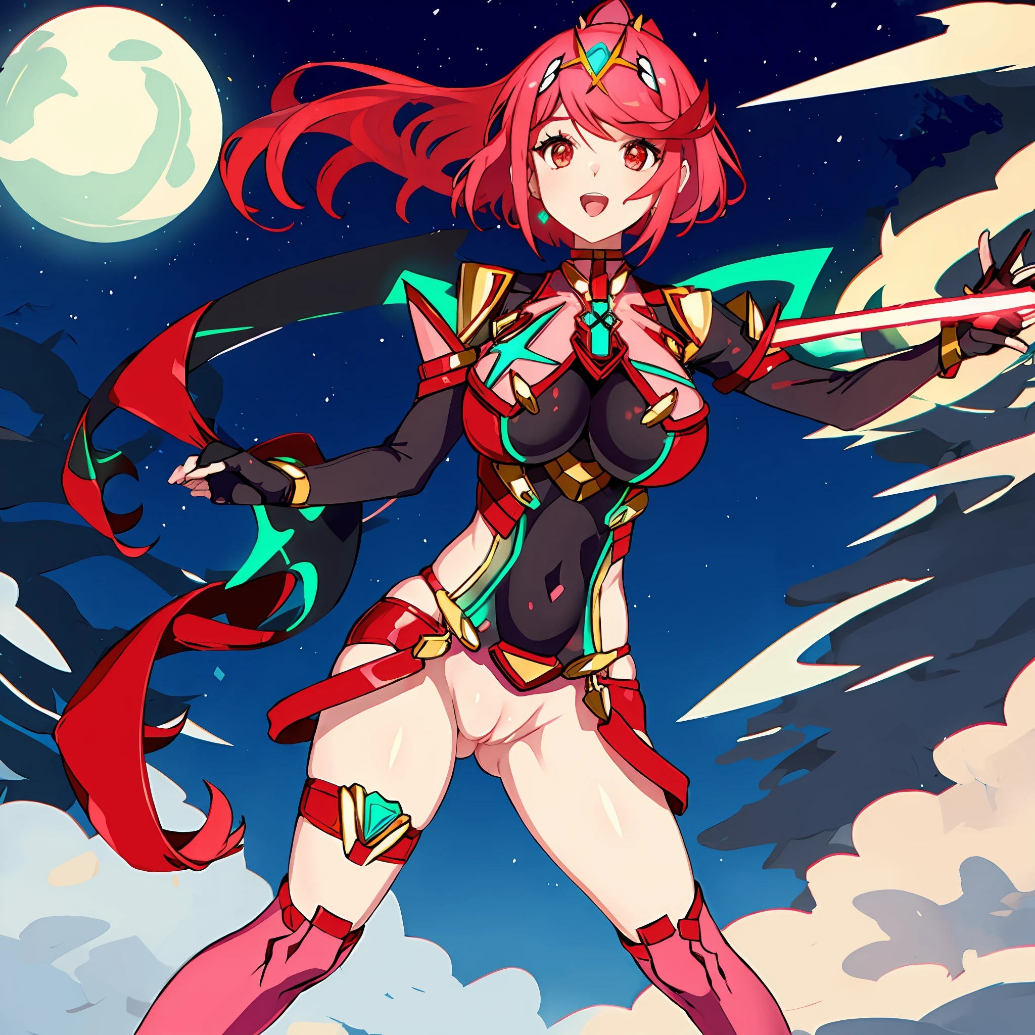 pyra \(xenoblade\),mythra \(xenoblade\), _2girl, loliarmor, bangs, black gloves, breasts, red eyes, closed mouth, earrings, eyelashes, fingerless gloves, floating hair, framed breasts, gem, gloves, hair ornament, headpiece, jewelry, big_breasts, leaning back, leotard, neon trim, official art, pose, red hair, red shorts, saitou masatsugu, short hair, short shorts, short sleeves, shorts, sidelocks, skin tight, solo, standing, swept bangs, thighhighs, tiara, night_prairie_background, turtleneck, underbust, vambraces, xenoblade chronicles \(series\), (xenoblade chronicles 2), apart_legs, fire_effect,dynamic_pose,fighting,light_smile, (plump:1.1), big_ass,huge_sword, hold_large_sword_hilt, scovered_nipples, (covered_pussy:1.2),cameltoe,open_mouth,back_view, fists,ponytail,plump,beautiful_fingers,