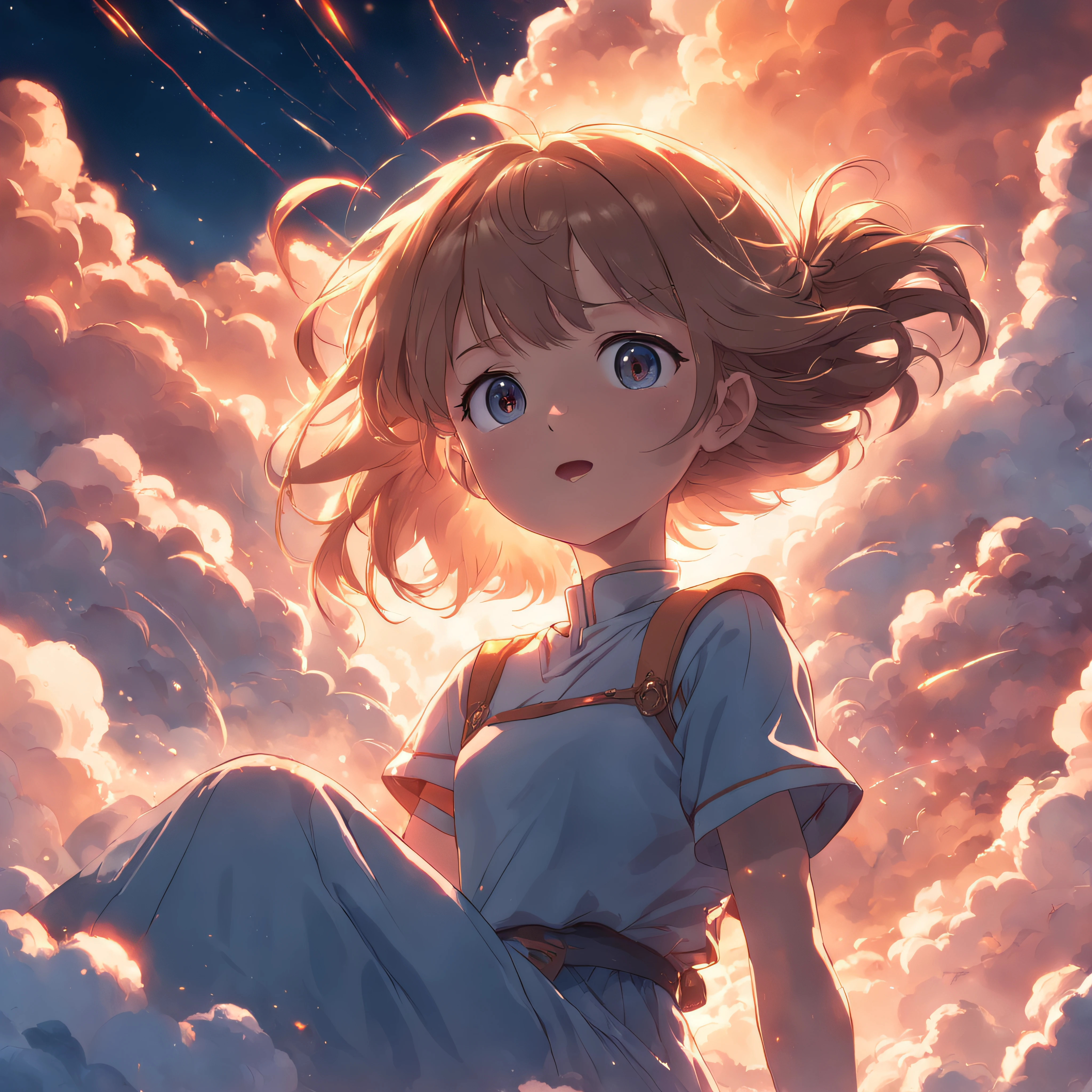 masterpiece, best quality, movie still, 1girl, cloud girl, floating in the sky, close-up, bright, happy, warm soft lighting, sunset, (sparks:0.7)