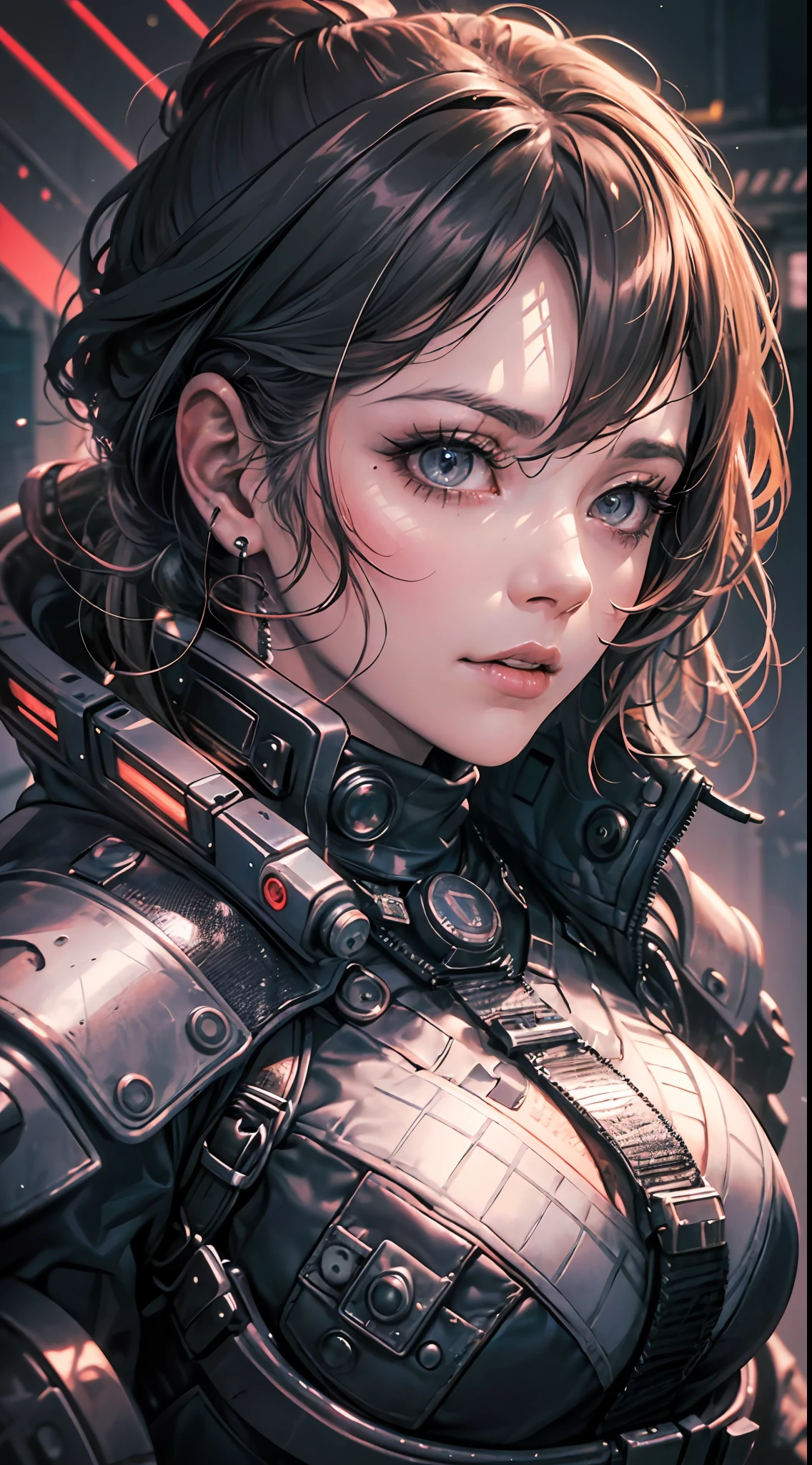 (1girl in)、(Plump beauty)、(30-years old)、(Top image quality)、(8K picture quality)、(cyberpunked)、(masutepiece)、 (Flickering of light)、(Wear a cyberpunk military uniform)、cinematric light, Cinema Shadow, Sharp Image, Extremely detailed, Volumetric, Bright sprites, particles effect, beautiful effects, Vivid colors, neons, Neon light, Highly detailed image textures, detailed hairs, Detailed face, Detailed eyes, Full body photo, city、Dark hair、Eyes glow、Sparkling red aura、Photo from the knee up、Legion of Machines、