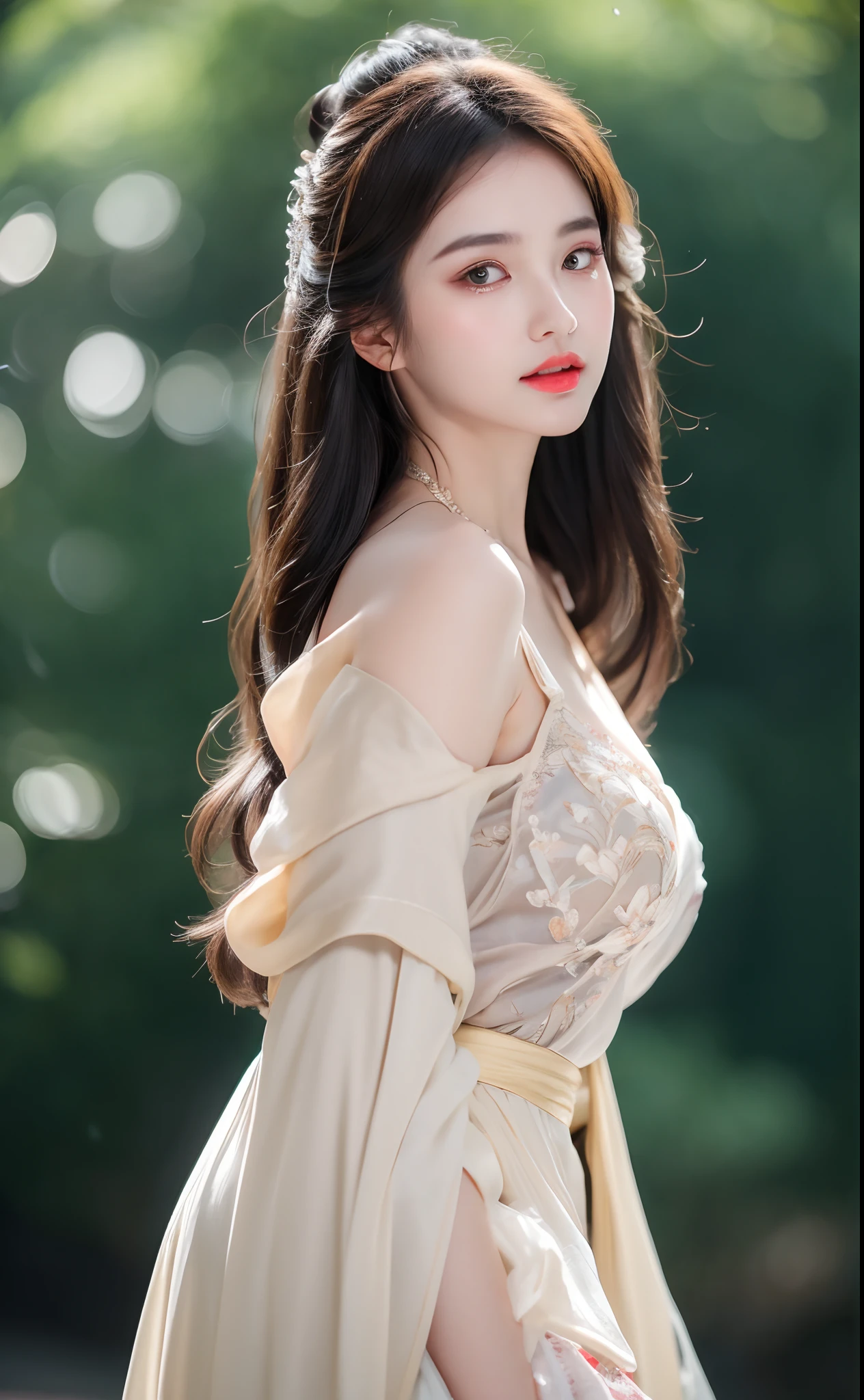 ((Best Quality, 8k, Masterpiece: 1.3)), Focus: 1.2, Perfect Body Beauty: 1.4, Buttocks: 1.2, ((Layered Haircut)), (Wet Clothes: 1.1), (Rain, Street:1.3), (Breasts: 1.2), (Hanfu: 1.2), Bare Shoulders, Bare Legs, Highly Detailed Face and Skin Texture, Fine Eyes, Double Eyelids, Whitened Skin, Long Hair, (Shut Up: 1.5), (Bokeh Background: 1.5), Big Breasts