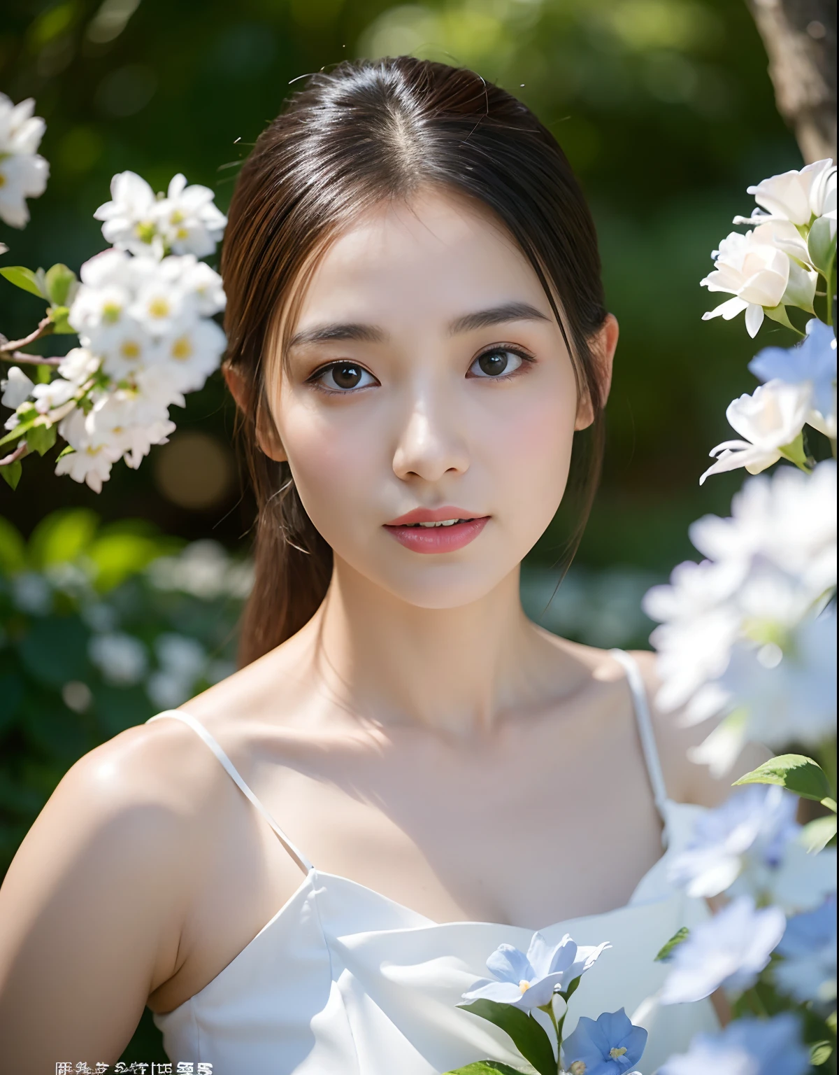 (Best quality, masterpiece: 1.2), portrait, breasts, outdoors, a 25-year-old woman named Yiping in the garden: 2, white thin summer long dress, light blue flowers in the background mess: 1.3) Same character, different costume, different angle, backlight: 1.5, rich skin details: 1.5,