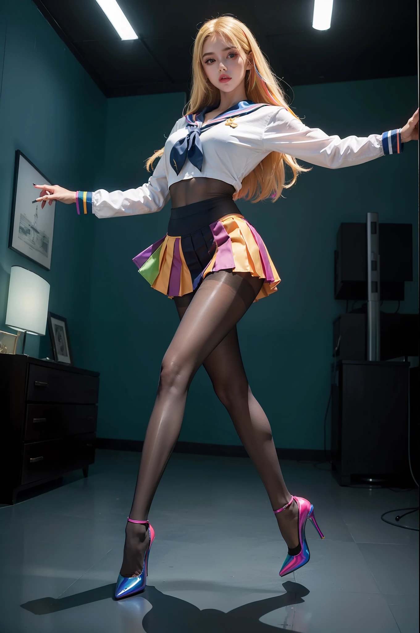 (full body:2)，(1girl:1.3),(view the viewer:1.4)，(anatomy correct:1.4),(((colorful pantyhose )):1.3), (pointed thick heels :1.3),(Dancing in the living room:1.2),(sailor suit and High waisted Striped pleated skirt:1.3),(Extra Long blonde Hair:1.2),(Accurate and perfect face:1.3),(Long legs and big feet:1.3),((Polished clothing):1.2),((Skin reflection , Skin Gloss):1.2)，((((( colorful)))):1.2)，hyper HD, Ray traching, reflective light， structurally correct, Award-Awarded, high detail, lighten shade contrast, Face lighting ，cinematic lighting, masterpiece, super detailing, high quality, high detail, best quality, 16k，High contrast,