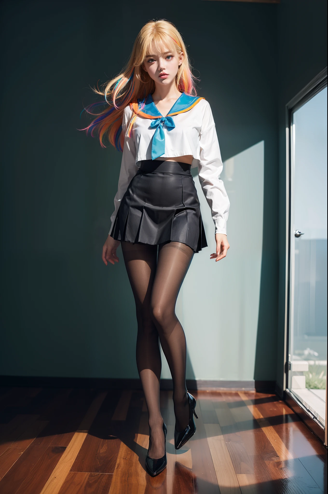 (full body:2)，(1girl:1.3),(view the viewer:1.4)，(anatomy correct:1.4),(((colorful pantyhose )):1.3), (pointed thick heels :1.3),(Dancing in the living room:1.2),(sailor suit and High waisted Striped pleated skirt:1.3),(Extra Long blonde Hair:1.2),(Accurate and perfect face:1.3),(Long legs and big feet:1.3),((Polished clothing):1.2),((Skin reflection , Skin Gloss):1.2)，((((( colorful)))):1.2)，hyper HD, Ray traching, reflective light， structurally correct, Award-Awarded, high detail, lighten shade contrast, Face lighting ，cinematic lighting, masterpiece, super detailing, high quality, high detail, best quality, 16k，High contrast,