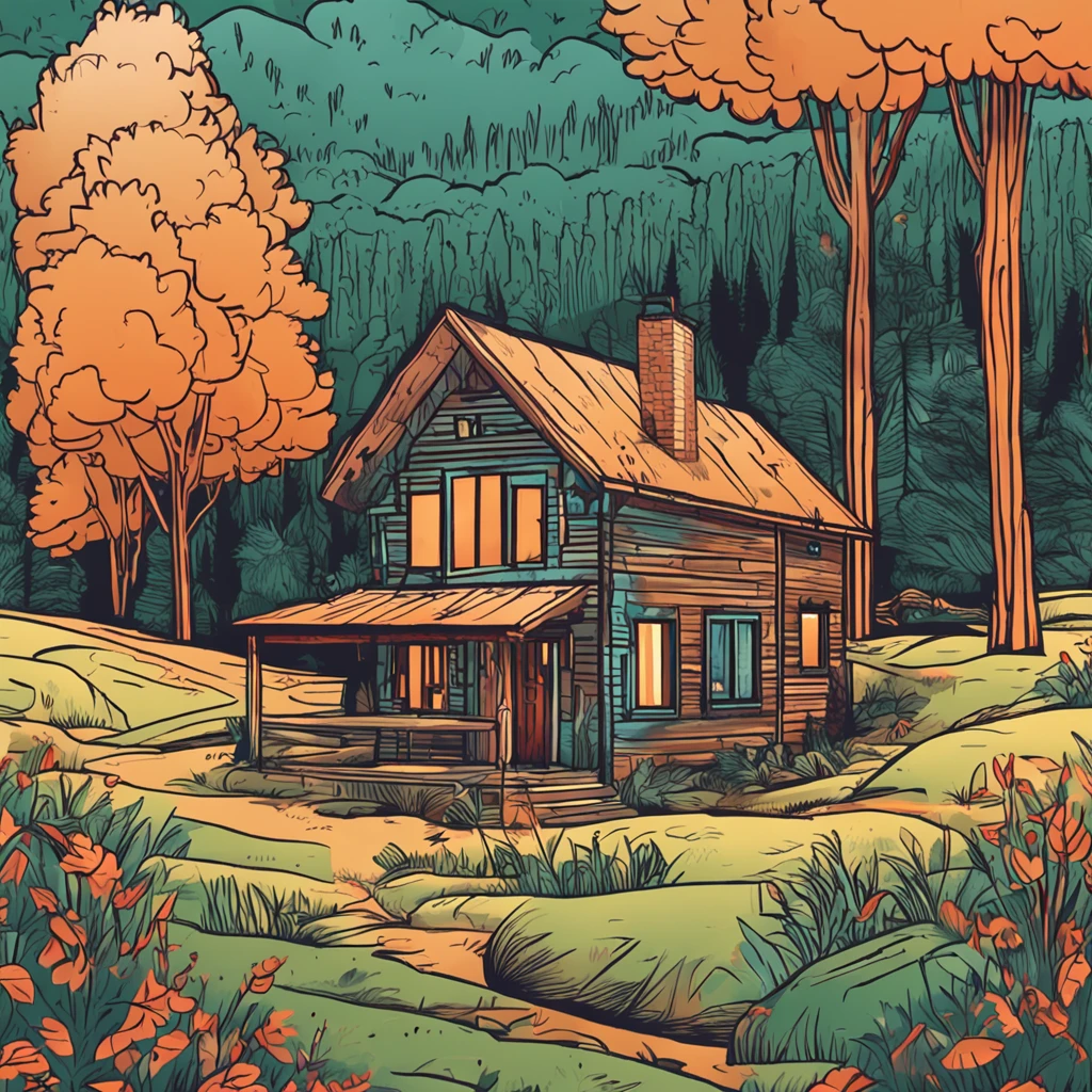 Araffard's house,There are trees and a wheat field in front, sticker of a home in the forest, house in the wood, House in the forest, cottage in the forest, House in the forest, Cabin in the woods, illustrated logo, cabin in the woods, the small house in the forest, solitary cottage in the woods, snowy mountain background