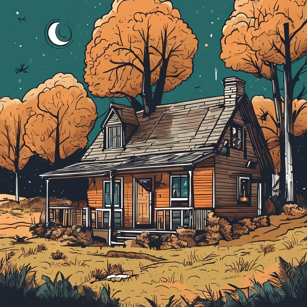 Araffard's house，There are trees and a wheat field in front, sticker of a home in the forest, house in the wood, House in the forest, cottage in the forest, House in the forest, Cabin in the woods, illustrated logo, cabin in the woods, the small house in the forest, solitary cottage in the woods, snowy mountain background