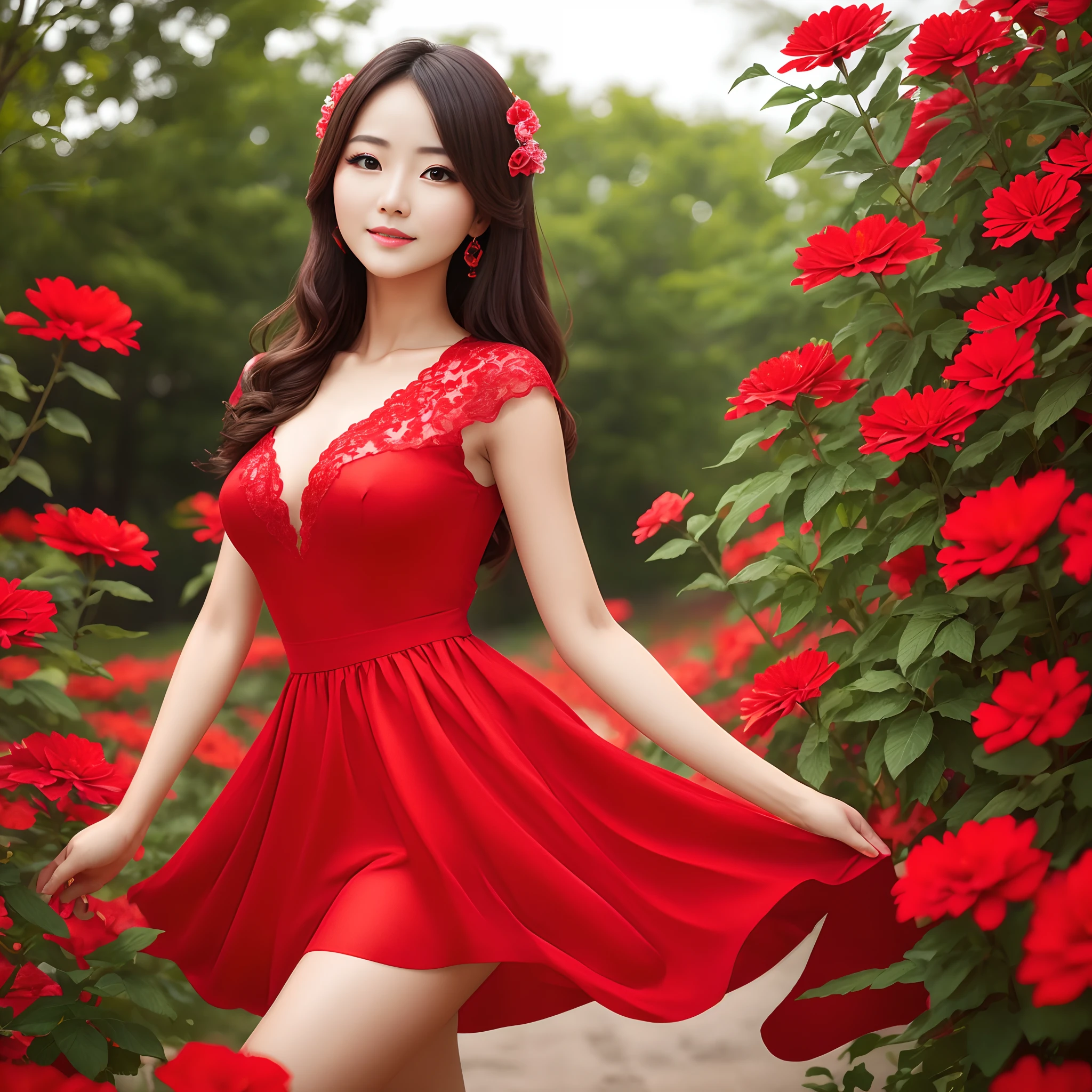 Beautiful woman standing among bright red flowers、Beautiful beautiful woman with bewitching and shiny fair skin。 --auto