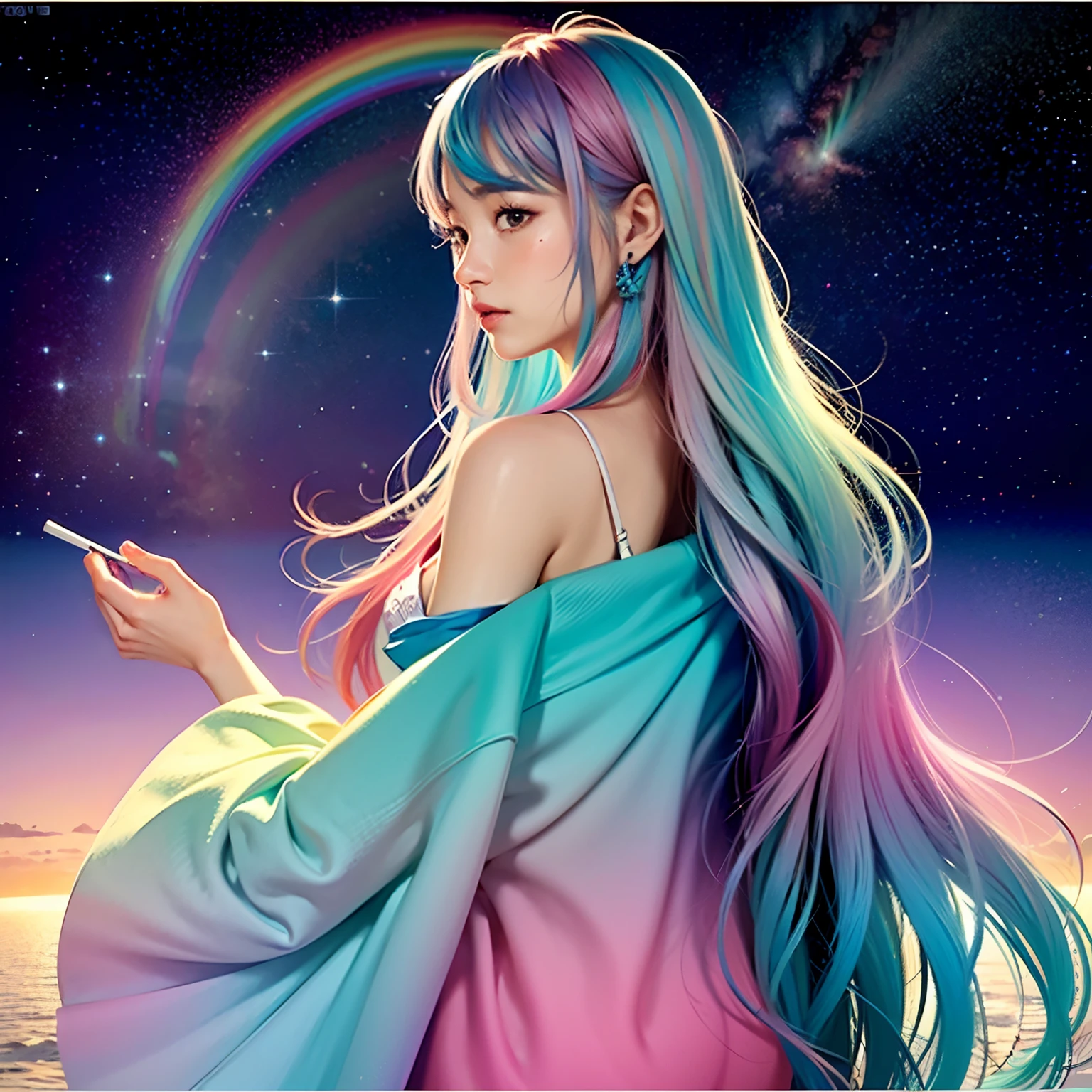 (​masterpiece、top-quality、top-quality、Super delicate、Convoluted、Official art、Beautifully Aesthetic:1.2)、(1girl in:1.3)、(Fractal Art:1.3)、The upper part of the body、From Side、looking at the viewers、patterns、(rainbow-colored hair、colourful hair、Half blue and half pink hair:1.2、Half blue and half pink sky)、Eau、liquids、​​clouds、colourfull、starrysky、stele、