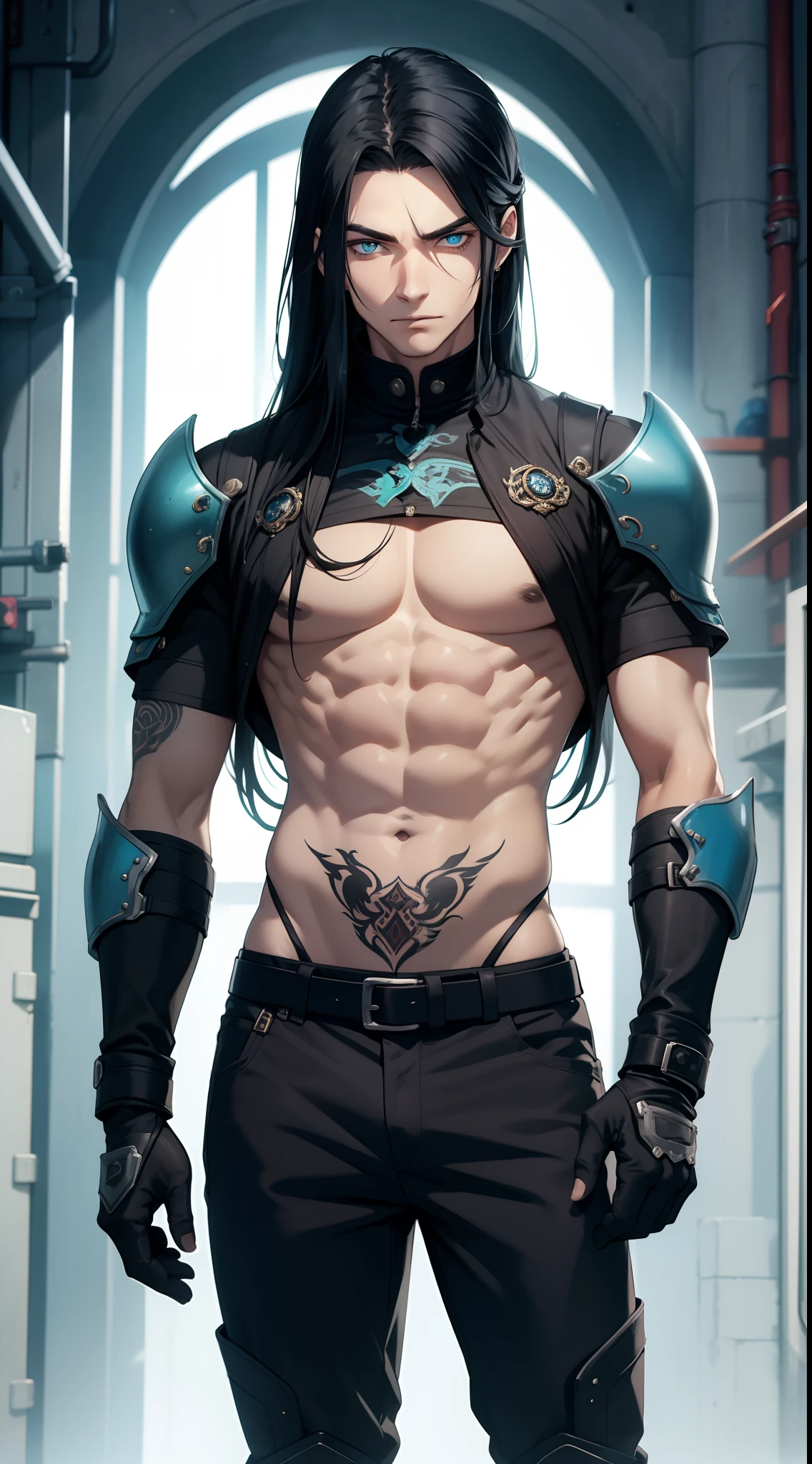 Young man, Long black hair, Cyan eyes, Tatoo, open torso, breeches, Iron hands, tmasterpiece, hiquality