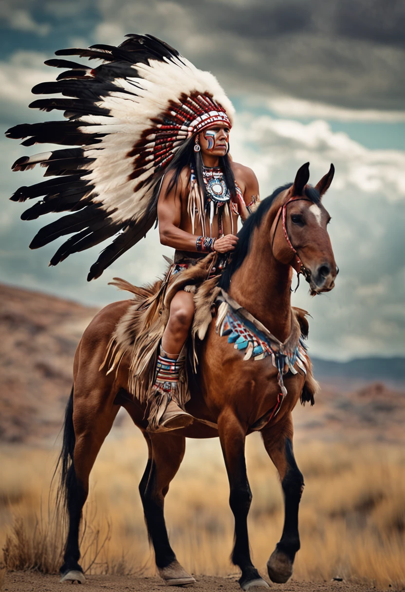 A hyperrealistic cinematic image of a native Indian with feathers on his head, riding horse, Arte nativa americana, Indian warrior, Nativo americano, Guerreiro nativo americano, Arte nativa, Um guerreiro nativo americano, indigenous man, eagle feather, Guerreiro habilidoso do Apache, warrior spirit, american indian headdress, indigenous art: native american shamen fantasy, Indigenous, native american folk art, Fotografia de arte indianarrealista, fotografia, obra-prima, realista, Realismo, renderizado, Alto contraste, digital art photography trend in Artstation 8k HD high definition detailed realistic, detalhado, textura da pele, hiper detalhado, textura de pele realista, armadura, melhor qualidade, ultra-high-resolution (fotografiarrealista: 1.4), alta resolução, detalhado, Calado bruto, sharp red, por lee jeffries Nikon D850 Filme Fotografia de Stock 4 Kodak Portra 400 Lente F1.6 Rich Colors Realistic Texture Dramatic Texture Dramatic Lighting Irrealengine Trend on Artstation Cinestill 800