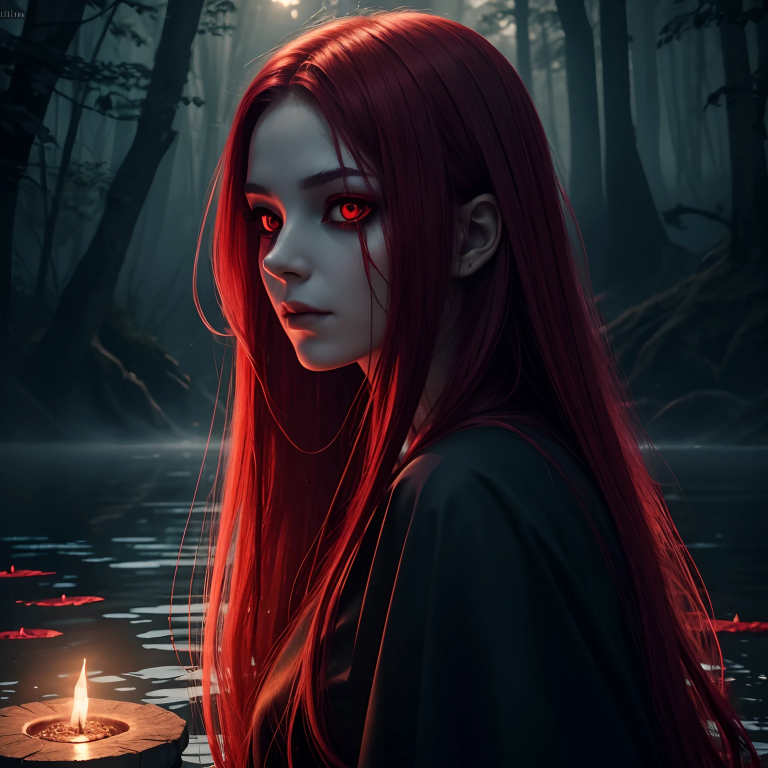 dark, unholy, evil, astral, creepy style, undead, mystical, nice perfect face with soft skin, young beautiful woman portrait in the lake, smoke, mist, night, long red hair, glowing red eyes, from side, light red glow, void