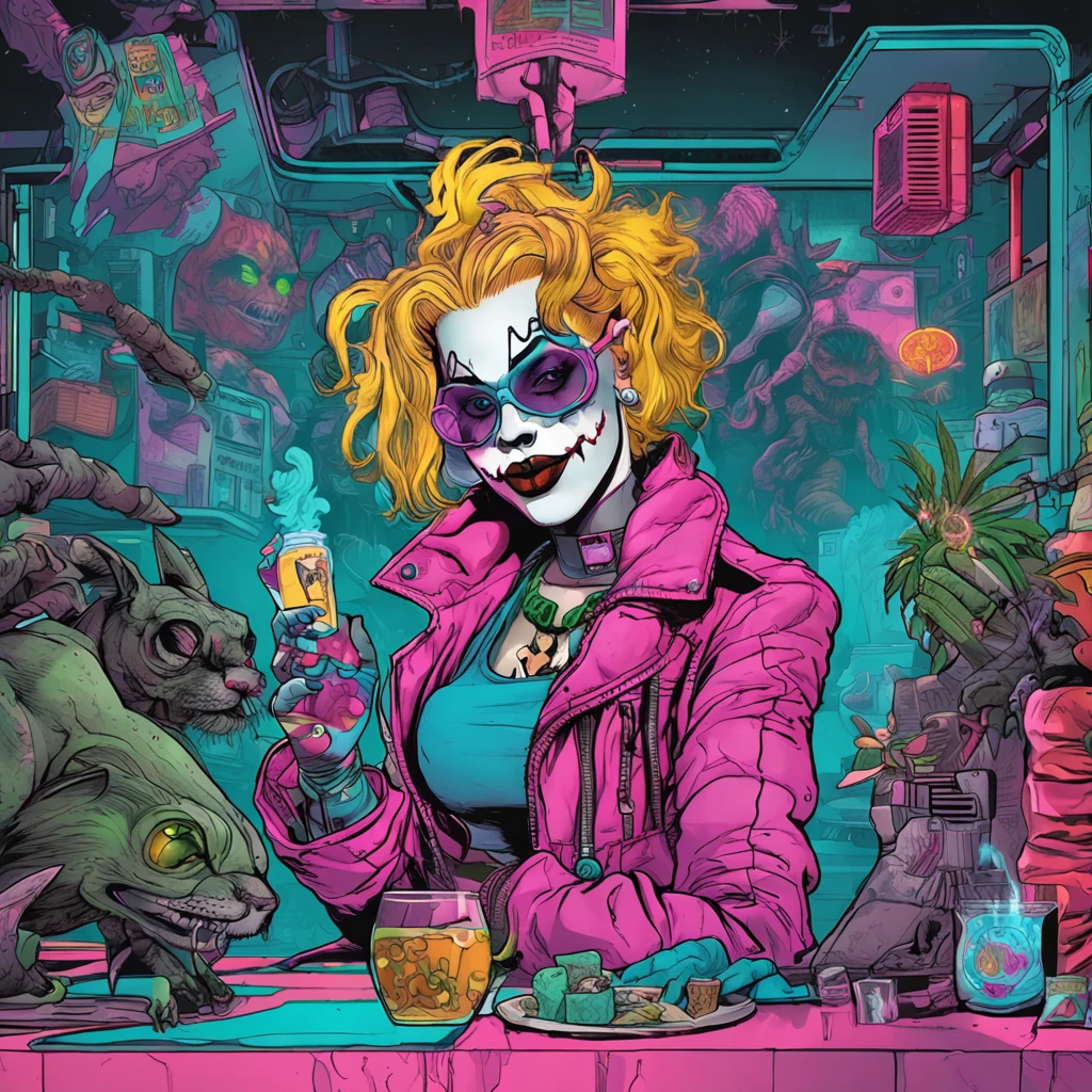 ((top-notch quality)), ((masterwork)), ((true-to-life)), Subject: Cyberpunk Harley Quinn, Action: Smoking cannabis goodness, Artist: Louis Wain, Style: Cyberpunk, Cannabis-inspired, DMT, Artegem, Medium: Digital Rendering, Category: Comic Book Art, Color Palette: Vibrant, Cyberpunk, Cannabis-inspired, DMT, Digital Graphics: Ethereal Patterns, Transcendence, Resolution: High-Res, Positive Prompt: Create a ((top-notch quality)), ((masterwork)), ((true-to-life)) digital rendering that features the iconic character Harley Quinn from DC in a captivating cyberpunk setting. Illustrate her enjoying cannabis goodness while seamlessly incorporating elements of the cyberpunk, cannabis-inspired, DMT, Artegem, and chiaroscuro styles. Employ Louis Wain's artistic vision to construct the environment. Pay meticulous attention to high levels of detail and vibrant colors, infusing the composition with the essence of cyberpunk aesthetics. Include cannabis-inspired and DMT elements to create an ethe, Chiaroscuro