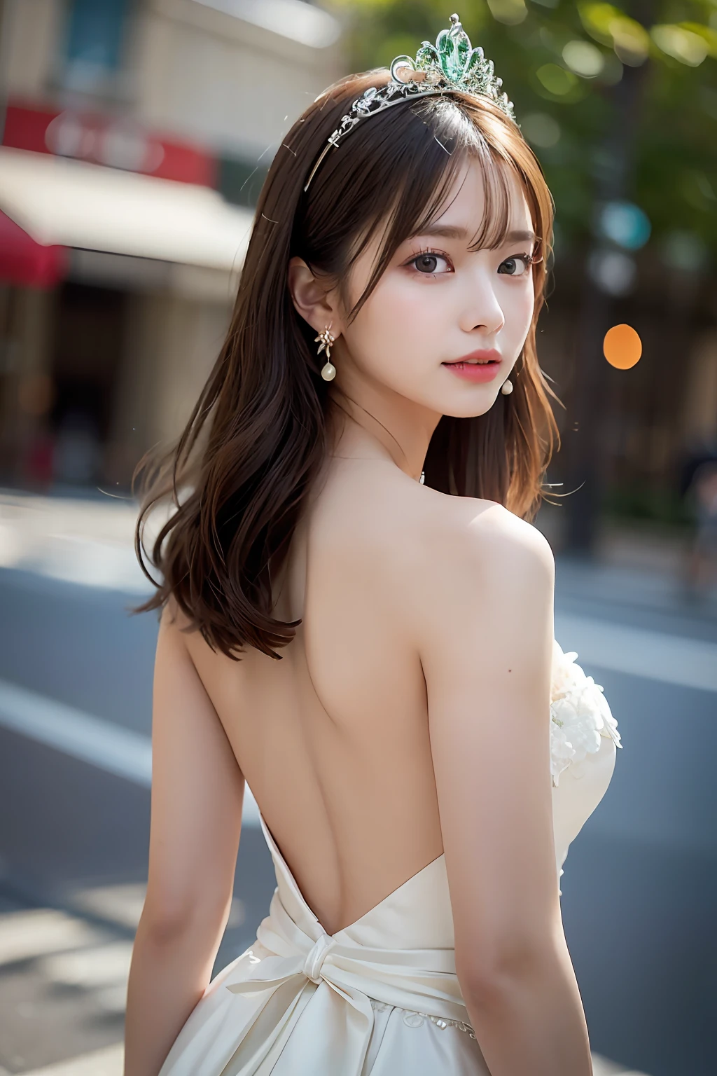 (top-quality、8K, yes、32K、tmasterpiece、hyper HD:1.2)、randome pose、(Extremely delicate and beautiful work)、(tmasterpiece)、One girl、Highly detailed elegant wedding dresses、tiara crown、A highly detailed、Enchanted expression、beautiful and clear eyes、green pupills、delicatenecklace、Delicate earrings、simple blurr background、extreme detail description、Beautiful fece、a charming、Ultra-fine painting、delicated face、Delicate figure、Thin Clavicle、Beautiful lips、soft back view、mix4、(8K、RAW photography、top-quality、tmasterpiece:1.2), (reallistic, Photorealsitic:1.37),1girl in,Cute,Cityscape, natta, Sateen, moisty, Professional lighting, photon maping, Radio City, physically-based renderingt, above waist、