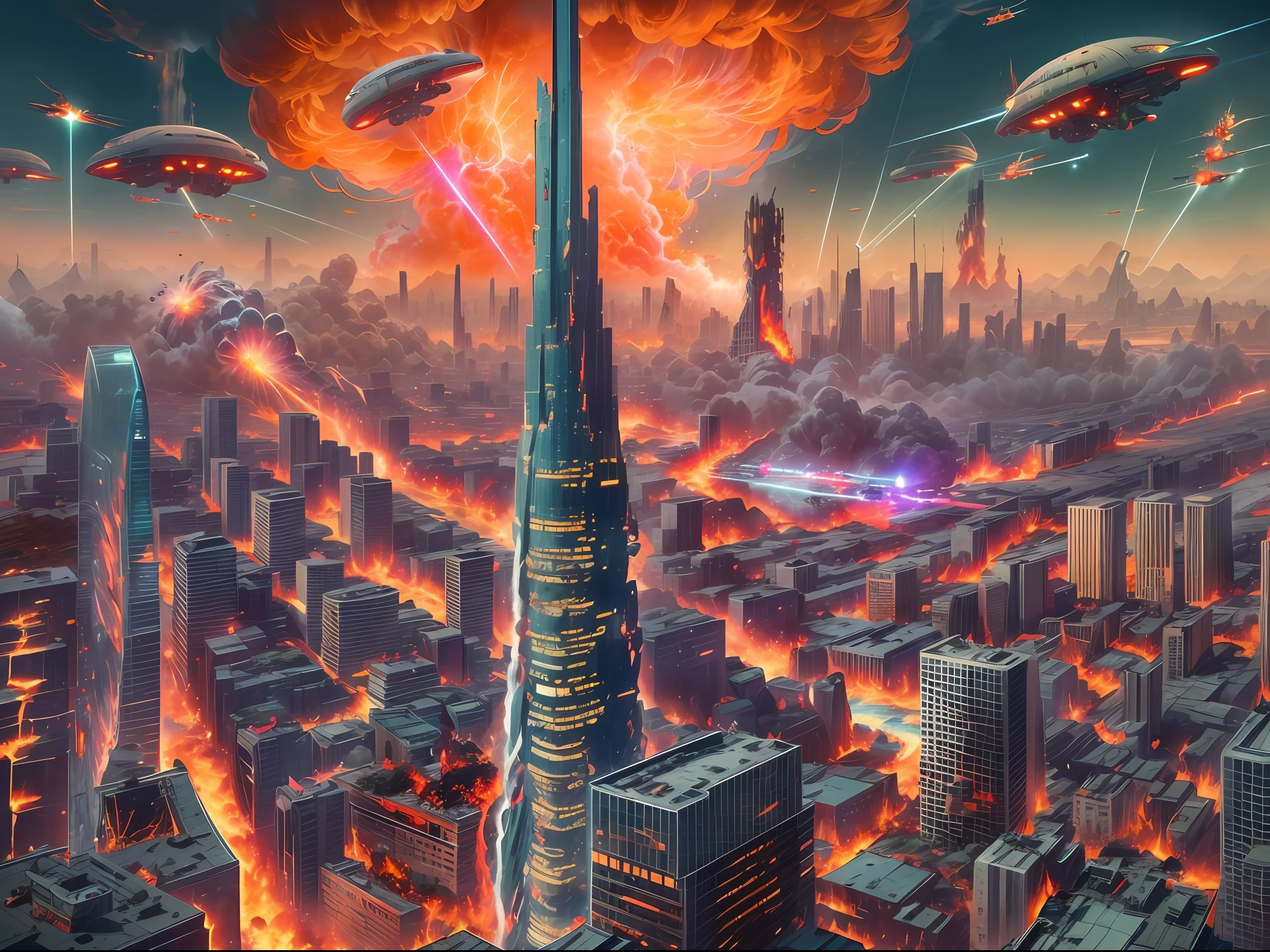 "An extraordinary image capturing a futuristic Tokyo under invasion by alien forces. the alien destroy the city by shooting laser to it, explosion, destroyed city, collapse d building and house, fire, burning street,fire, marvel style alien airship looms overhead, accompanied by a swarm of smaller alien vessels."