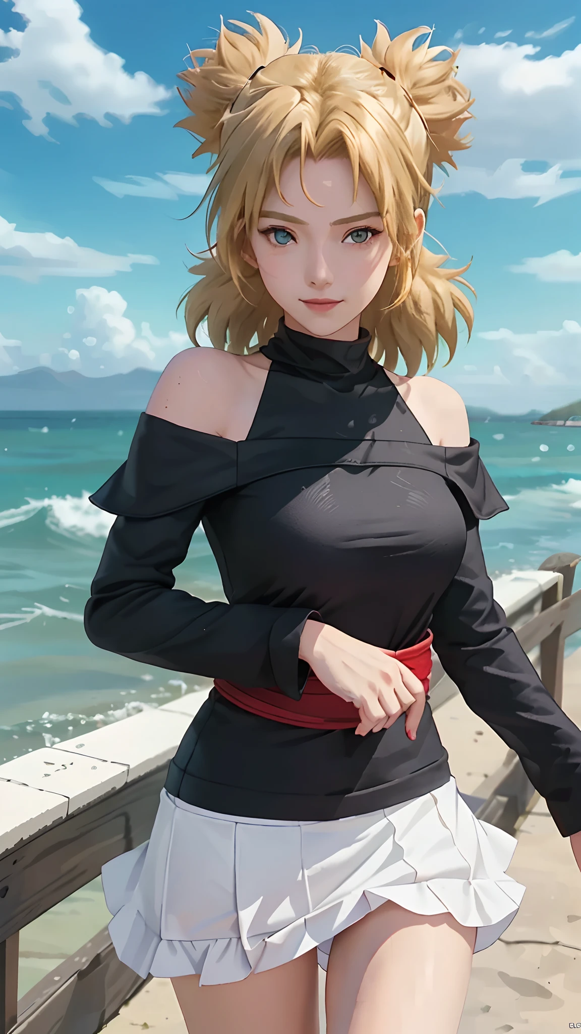 tmasterpiece, best quality, 1girl，Off-the-shoulder attire，looks into camera，Be red in the face，ssmile，largeeyes，Close-up，Huge fan，the sea，​​clouds，beachside，golden hair