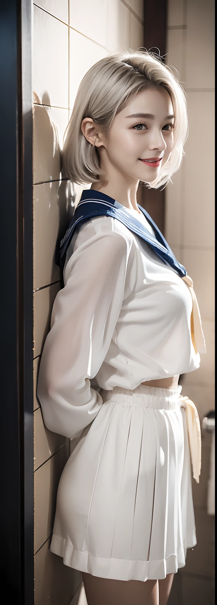 Short silver-white hair,Gaoza double ponytail,Delicate and bright hair color,Delicate and perfect face,The corners of the eyes are slightly red,seduct smile,upturned corners of the mouth,a sailor suit,Raised skirt,Wet temptation,Water drops are depicted in detail,Delicate long legs,The skin texture is delicate,Leaning against the bathroom wall,Cinematic gloss,Best quality photos 16k high resolution。
