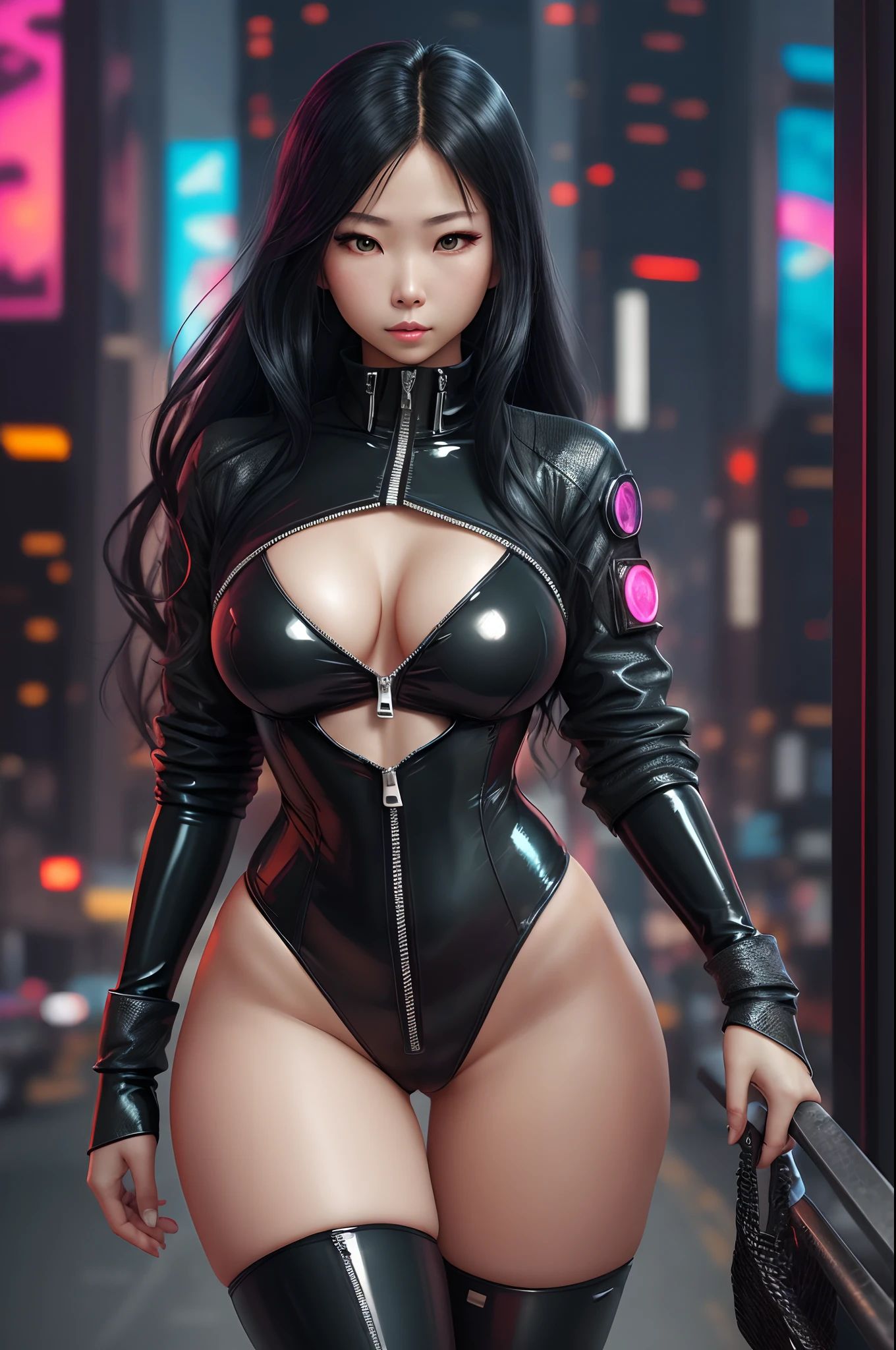cyberpunk girl, black latex suit unzipped all the way down, cyberpunk city background, Asian, long black hair, athletic build, sexy, dynamic, --auto --s2