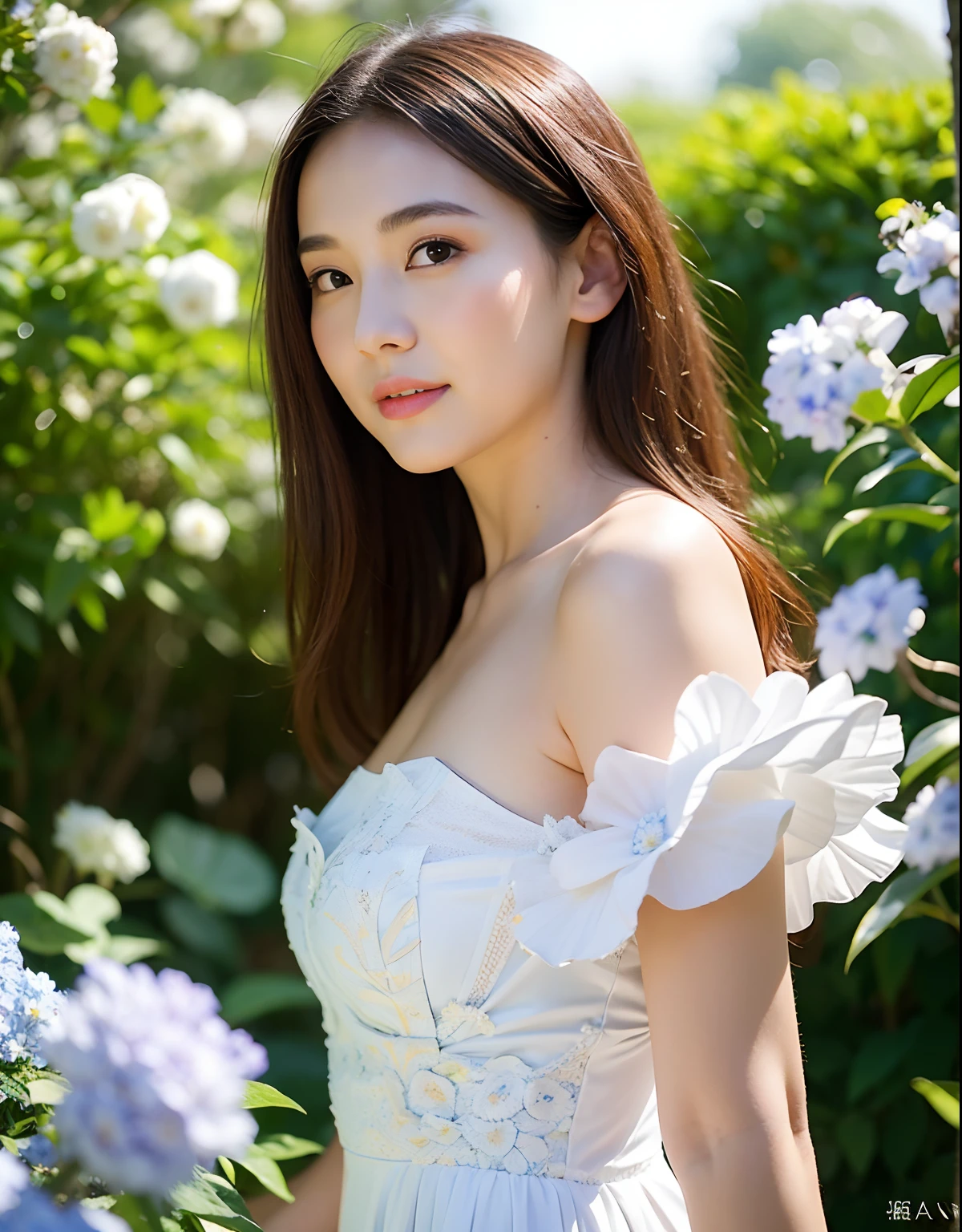 (Best quality, masterpiece: 1.2), portrait, breasts, outdoors, a 25-year-old woman named Yiping in the garden: 2, white thin summer long dress, light blue flowers in the background mess: 1.3) Same character, different costume, different angle, backlight: 1.5, rich skin details: 1.5,