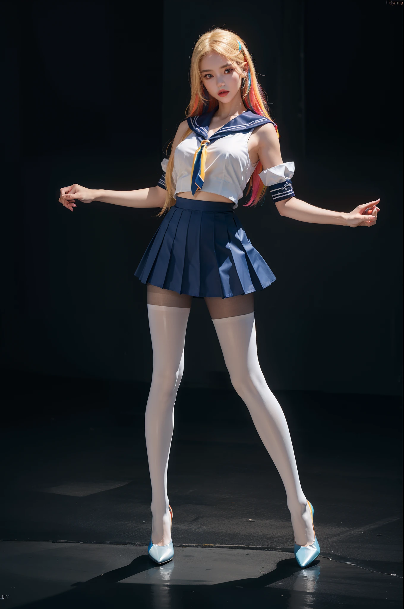 (full body:2),(1girl:1.3),(view the viewer:1.4),(anatomy correct:1.4),(((colorful pantyhose )):1.3), (pointed thick heels :1.3),(Dancing by the sea:1.2),(sailor suit and High waisted Striped pleated skirt:1.3),(Extra Long blonde Hair:1.2),(Accurate and perfect face:1.3),(Long legs and big feet:1.3),((Polished clothing):1.2),((Skin reflection , Skin Gloss):1.2),((((( colorful)))):1.2),hyper HD, Ray traching, reflective light, structurally correct, Award-Awarded, high detail, lighten shade contrast, Face lighting ,cinematic lighting, masterpiece, super detailing, high quality, high detail, best quality, 16k,High contrast,
