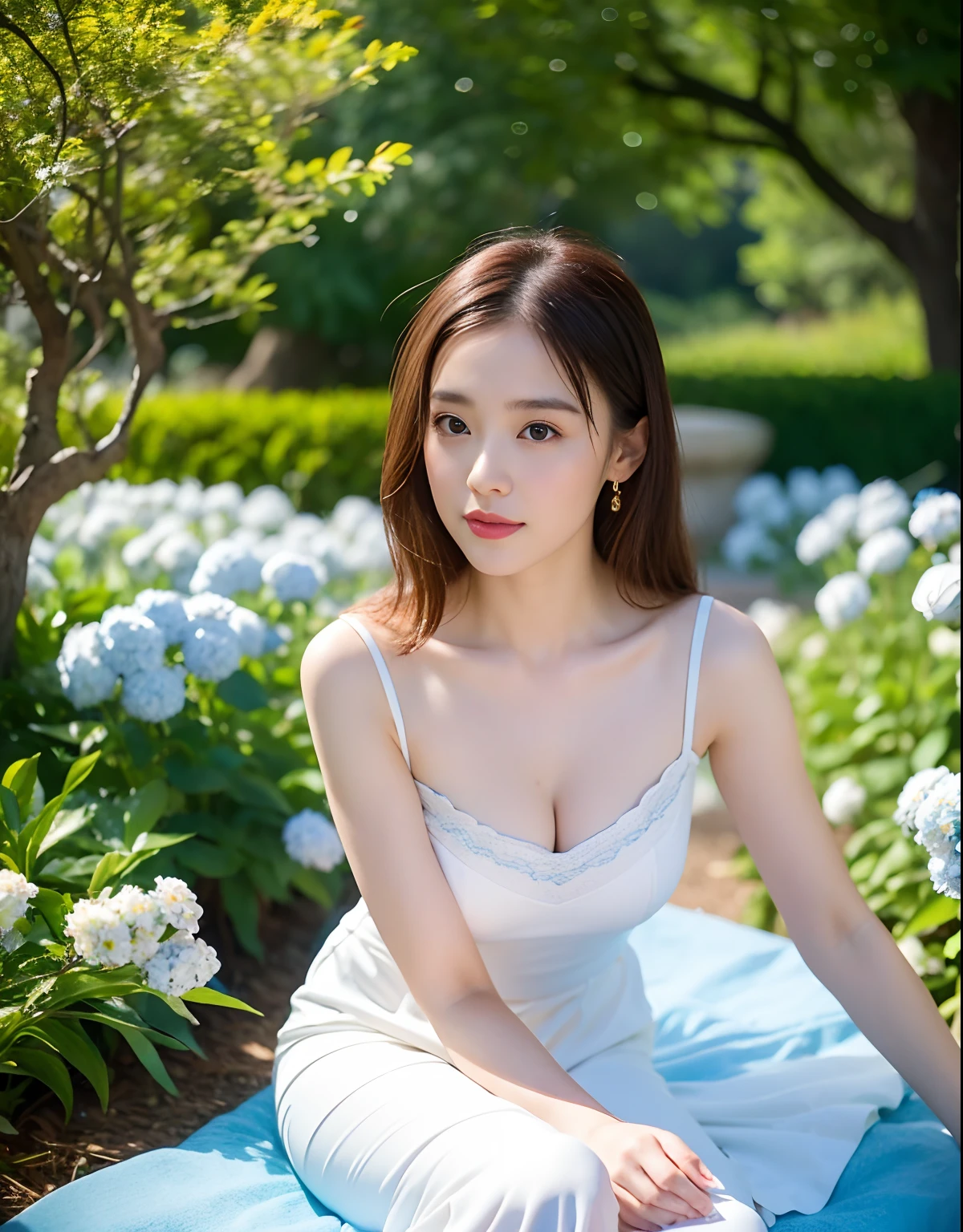 (Best quality, masterpiece: 1.2), portrait, breasts, outdoors, a 25-year-old woman named Yiping in the garden: 2, white thin summer long dress, light blue flowers in the background mess: 1.3) Same character, different costume, different angle, backlight: 1.5, rich skin details: 1.5,
