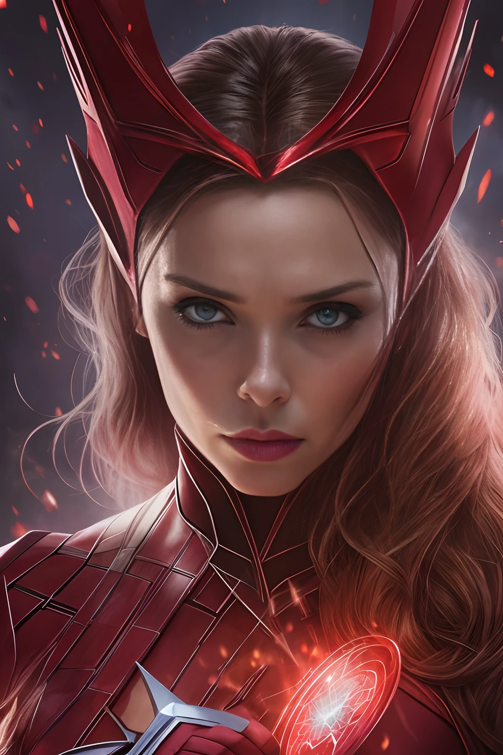 Marvel version of Scarlet Witch portrait，（（Equipped with red magic eyes：1.3）），（Elizabeth Olsen：1.8）full-body portraits，Fighting posture，Vicious eyes，com rosto detalhado，Slightly vicissitudes， Award-winning photo、Bokeh、, surrealism, Cinematic lighting, shadowing, High details, High quality, Award-Awarded,