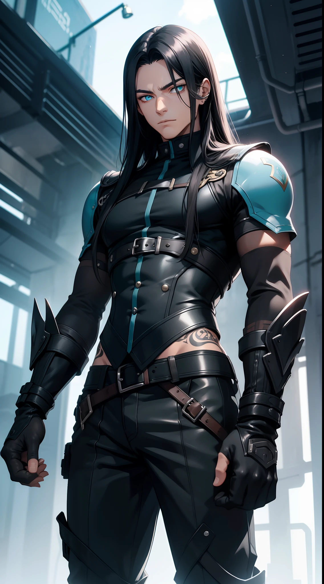 Young man, Long black hair, Cyan eyes, Tatoo, open torso, breeches, Iron hands, tmasterpiece, hiquality