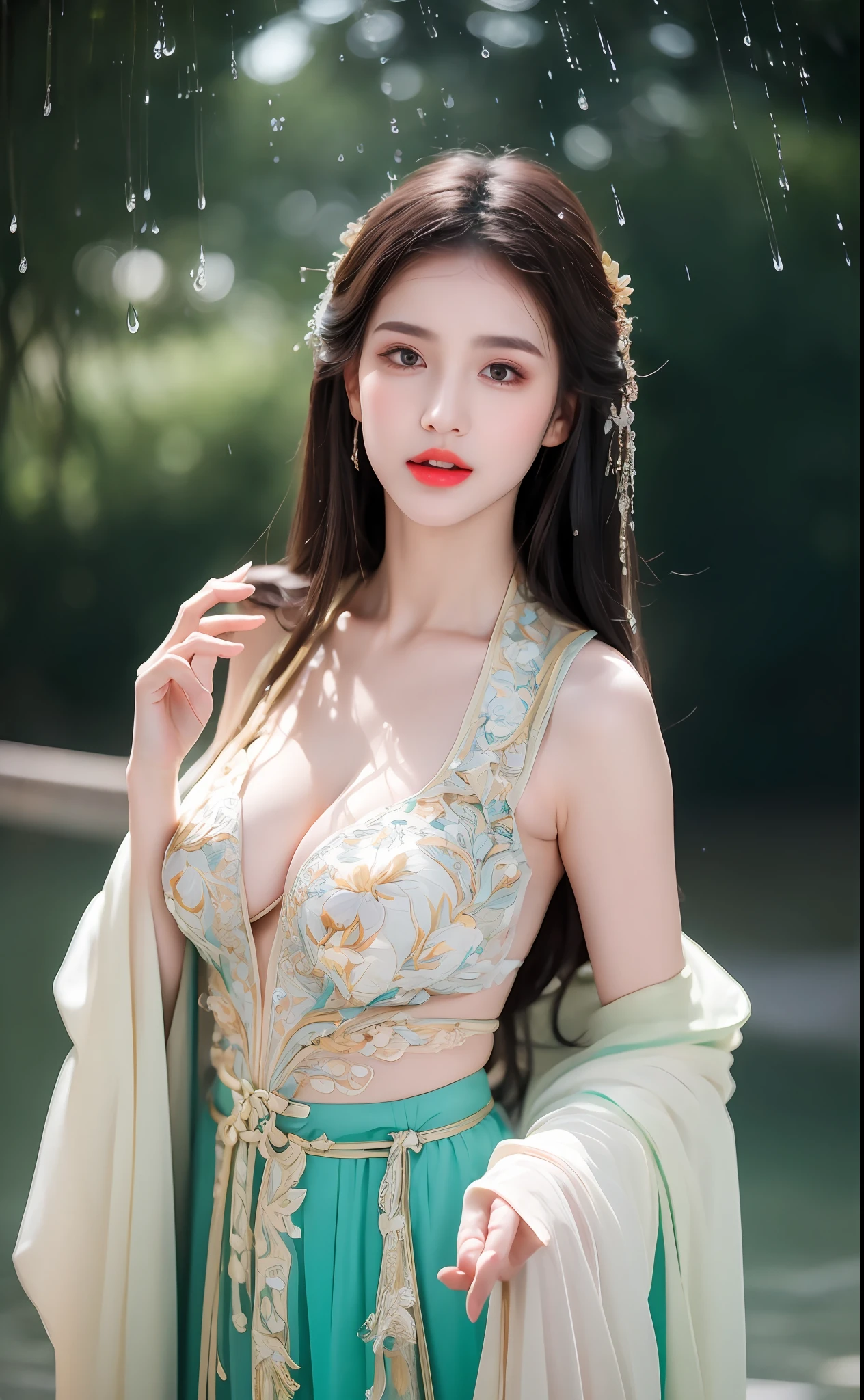 ((Best Quality, 8k, Masterpiece: 1.3)), Focus: 1.2, Perfect Body Beauty: 1.4, Buttocks: 1.2, ((Layered Haircut)), (Wet Clothes: 1.1), (Rain, Street:1.3), (Breasts: 1.2), (Hanfu: 1.2), Bare Shoulders, Bare Legs, Highly Detailed Face and Skin Texture, Fine Eyes, Double Eyelids, Whitened Skin, Long Hair, (Shut Up: 1.5), (Bokeh Background: 1.5), Big Breasts