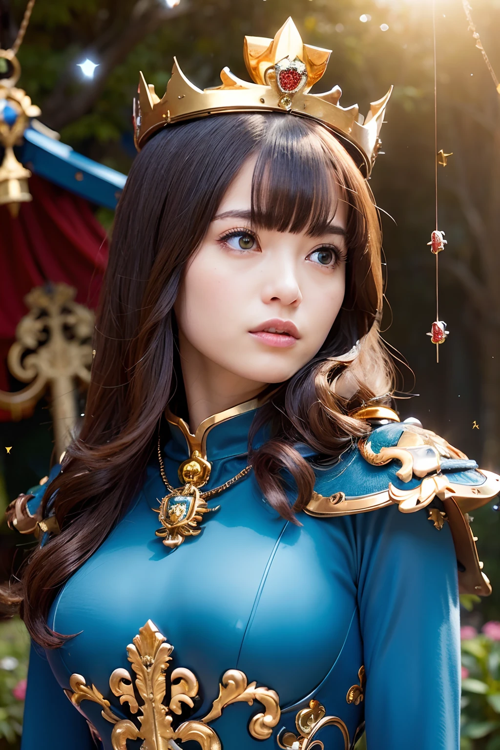 (masutepiece), Professional , ​masterpiece、top-quality、photos realistic , depth of fields ,（Wind element），close-up，dream magical，tornado，Lightning，（Gemstone Gold Jewel Body:1.６),(Matte Blue、Jewel Gold Weapon_、（Metal:1.４),Gorgeous Jewel Metal Weapons ,(( Detailed Sword of the Brave)) ,  Black castle background  ,warhammer 40k , adepta sororitas,Detail and ornate jewel crown、Brown hair、（(Gangle's forest background))、Beautiful Caucasian beauty、１a person、dynamic ungle,(((Detailed and ornate diamond crown)))、Particles of light、cleavage of the breast、Battle Pose、