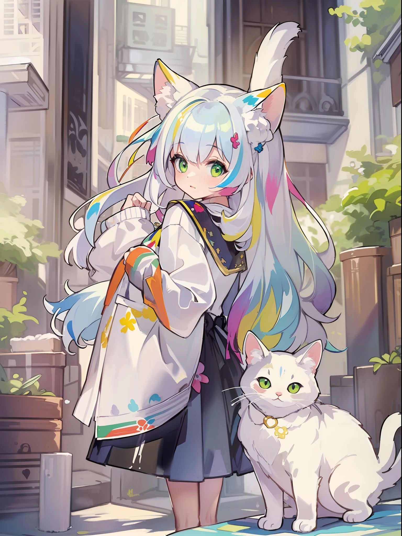 ((Best quality1.2))、((Masterpiece 1.2))、watercolor paiting、((Fashionable clothes))、((Take a cute cat 1.5))、white colors((rainbow-colored hair))、Back alley