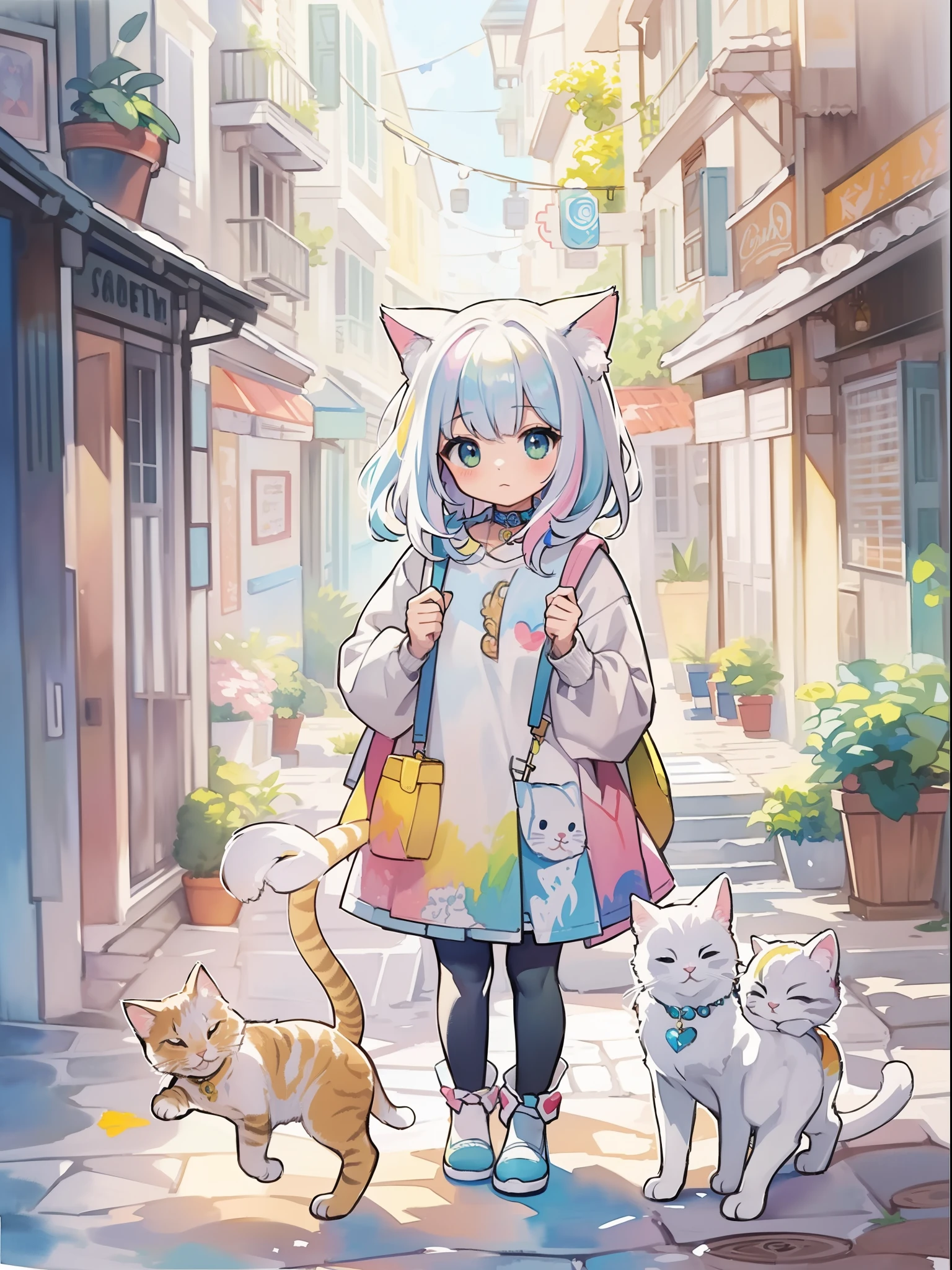 ((Best quality1.2))、((Masterpiece 1.2))、watercolor paiting、((Fashionable clothes))、((Take a cute cat 1.5))、white colors((rainbow-colored hair))、Back alley