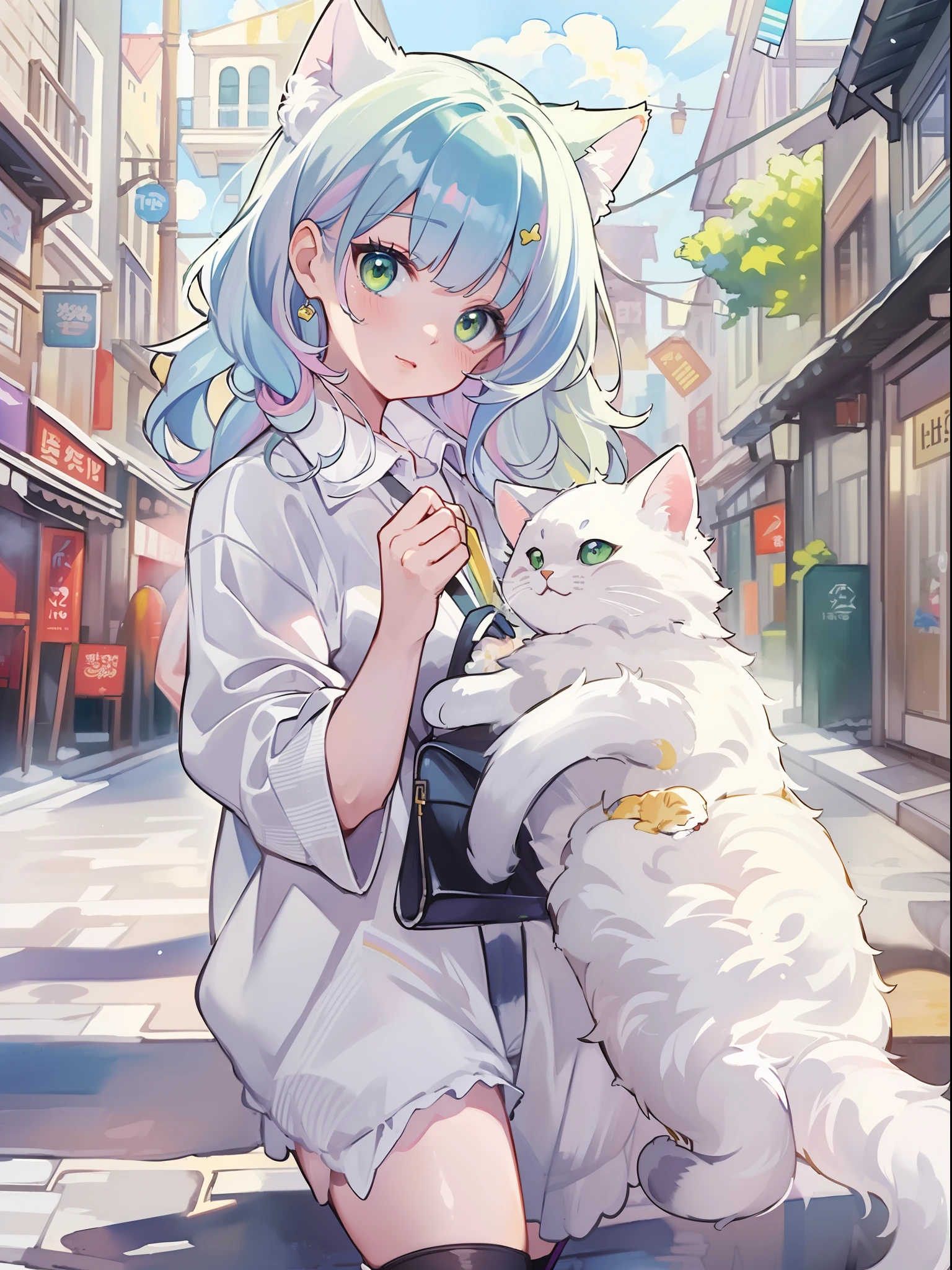 ((Best quality1.2))、((Masterpiece 1.2))、watercolor paiting、((Fashionable clothes))、((Take a cute cat 1.5))、white colors((rainbow-colored hair))、Back alley