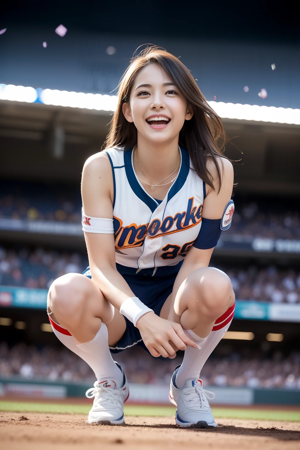 (Best Quality, 8K, 32K, masutepiece, nffsw:1.2), (1 slender woman of Japan, 28 years old, Tall gravure model), dark brown hair, Bright foreground, Professional Lighting, Photon mapping, Radio City, shading:1.3, (high-detail skin:1.2), (Huge breasts:1.3), (Shorts, exposed shoulder:1.1), squatting with legs open, ((Provocative Dynamic Poses)), (she is soaking wet), top-down view:1.5, (baseball uniform:1.1), hyperdetailed face, Detailed lips, Detailed eyes, Double eyelids, Inside the stadium, Looking Camera, (Sensual gaze on the photographer, lips slightly open), Breaking the clear sky, Baseball Stadium, The audience gets excited, Confetti flies, Happy smile,