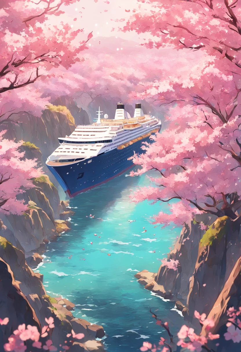 Luxury cruise ship in the center of the sea，It is surrounded by vast cherry blossom forests and a deep blue ocean.