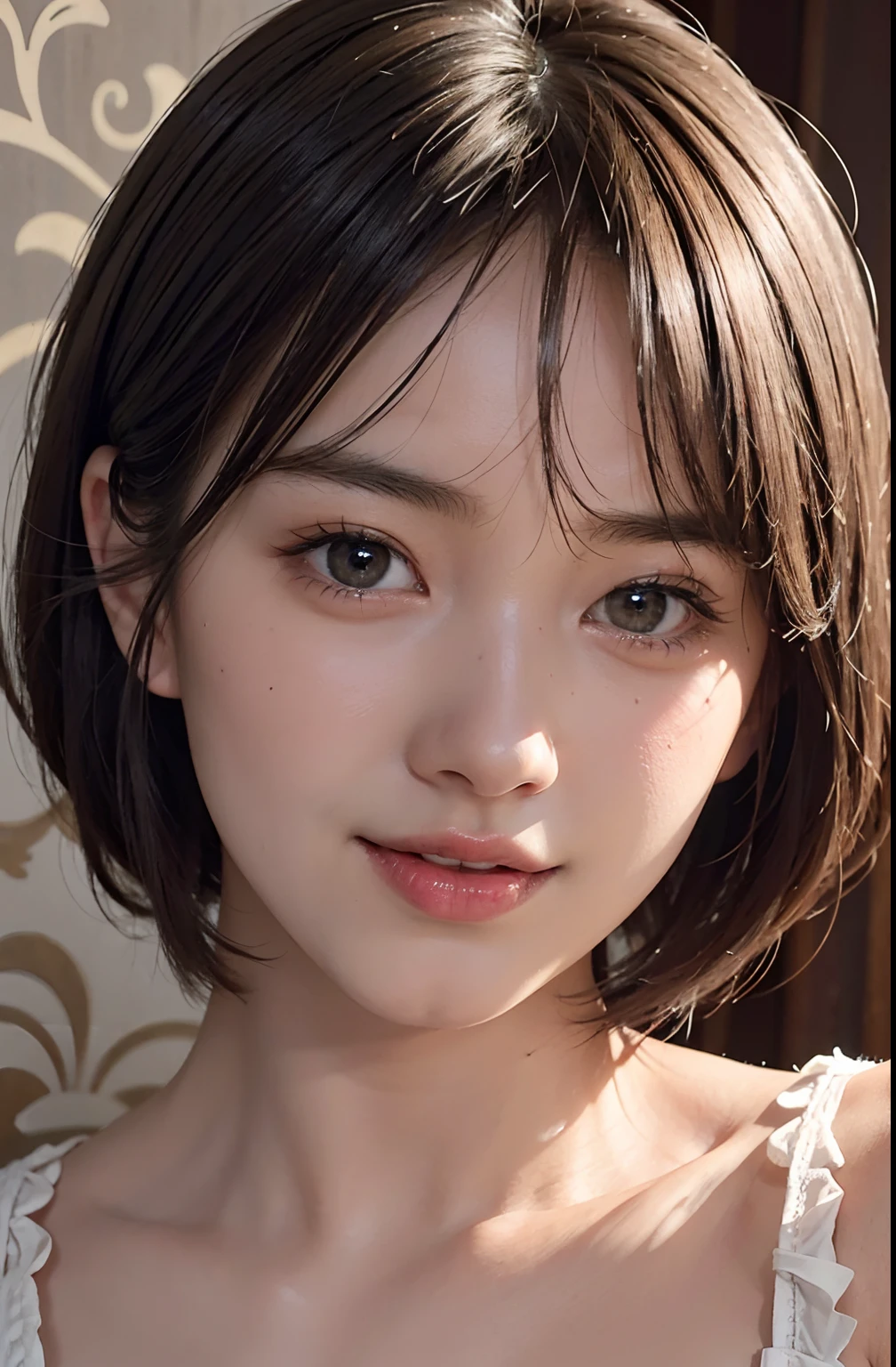 (A hyper-realistic), (illustratio), (hight resolution), (8K), (ighly detailed), (The best illustrations), (beatiful detailed eyes), (top-quality), (ultra-detailliert), (​masterpiece), (wall-paper), (detailed face), drooing eyes,full of sweat,Upper body close-up,Armpit,short-hair,inner colored,Girl in simple pink underwear, japanes, Colossal tits、A smile, simple dark background