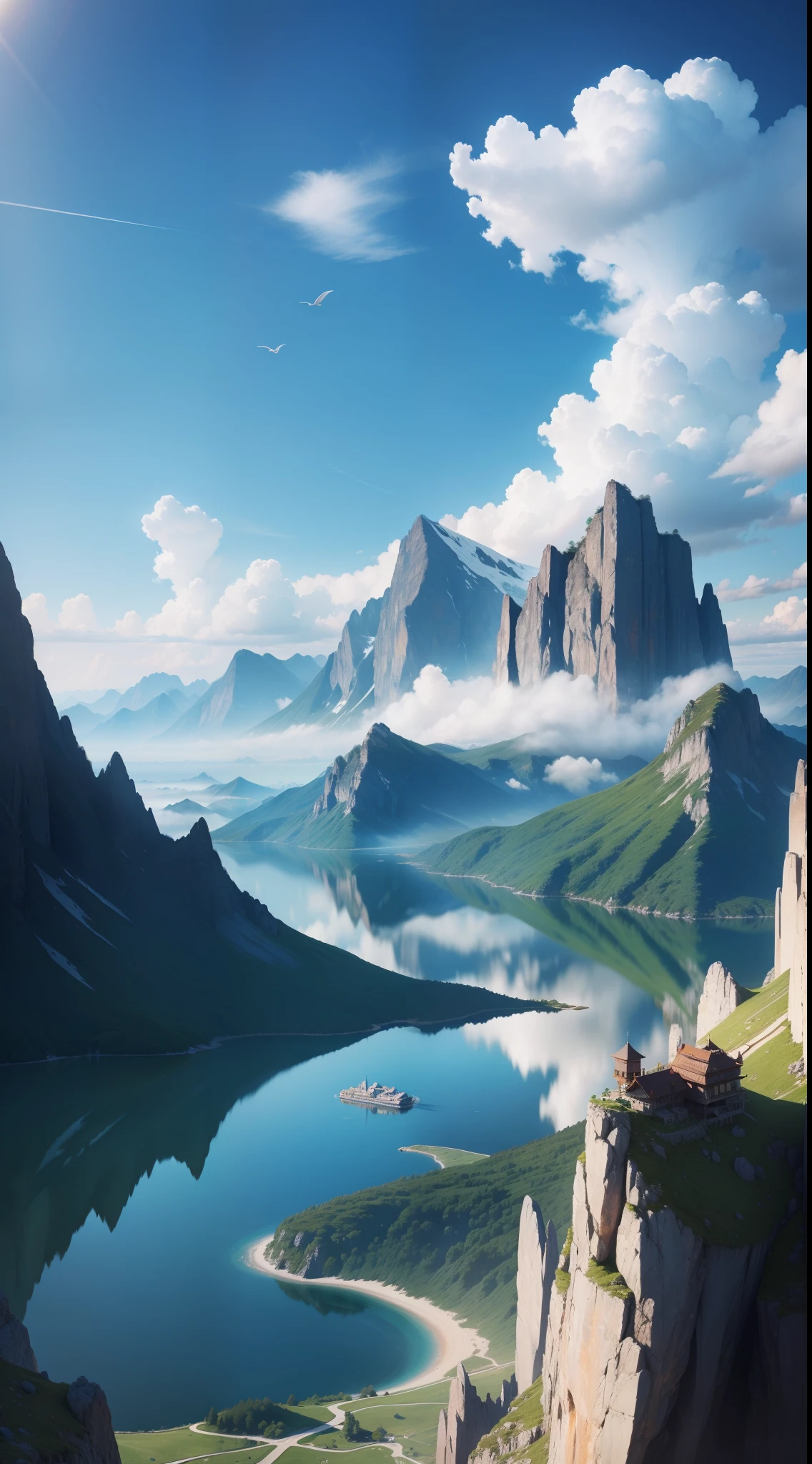 Lake on a high mountain range, Clear blue sky, Floating clouds, smog, Fairy, Epic, wallpaper, full hd, sharp photos, high detail