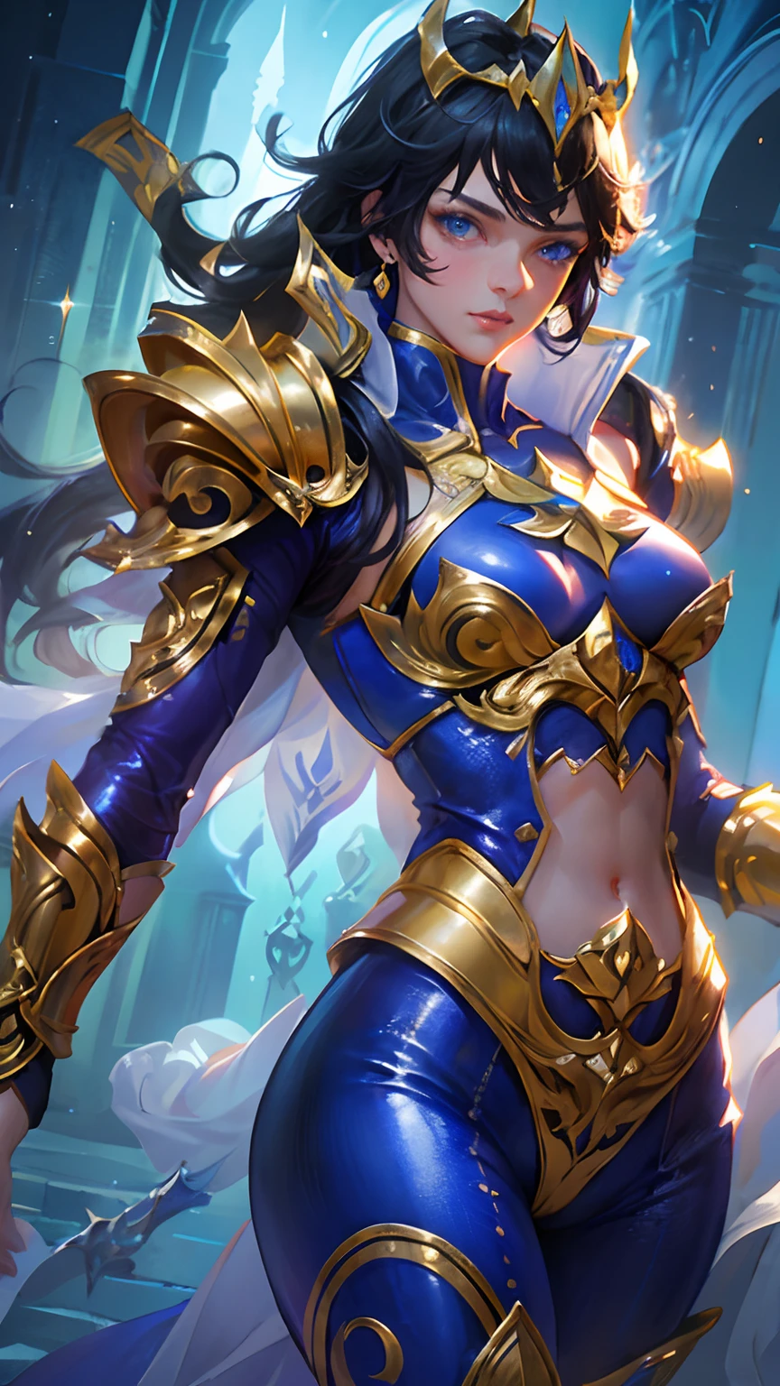 Ultra-high saturation，（tmasterpiece）， fully body photo，（best qualtiy）， （1girll）， starryskybackground，Wearing shiny gold armor， Sexy lingerie type armor，Expose your chest，Expose the waistline，Exposing thighs，cool-pose， Saint Seiya Armor， messy  hair，high detal, Anime style, Cinematic lighting, Sparkle, god light, Ray traching, filmgrain, hyper HD, textureskin, super detailing, Anatomical correct, A high resolution，Ultra-high saturation，hight contrast，High-gloss armor，Smooth skin，Serious expressions,Dark room,