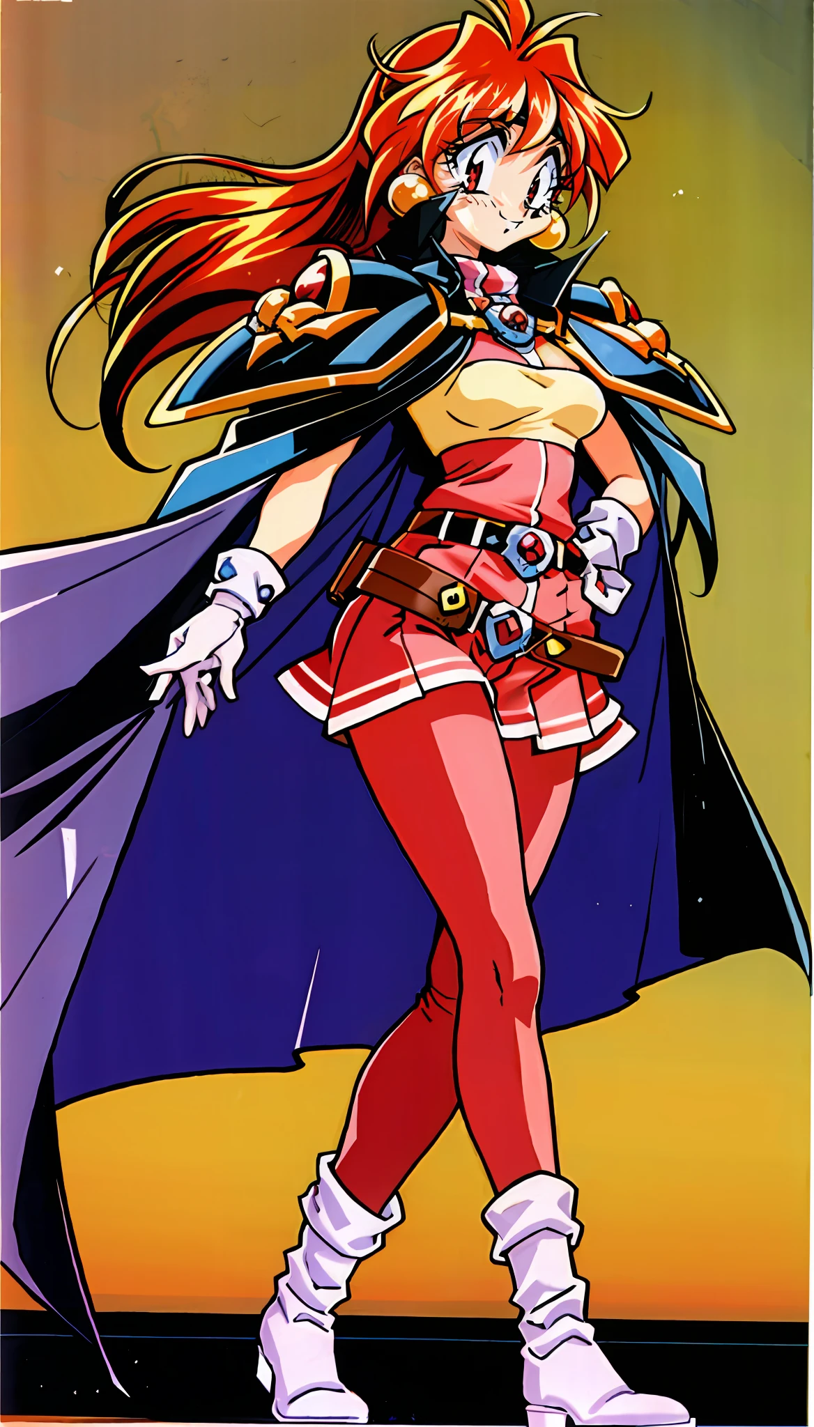 masterpiece, best quality, ultra-detailed, illustration, 1girl, 1990s \(style\), belt, boots, cape, earrings, gloves, headband, jewelry, lina inverse, long hair, pantyhose, red eyes, red hair, orange hair, retro artstyle, solo, traditional media,1990s (style),,retro artstyle,smile