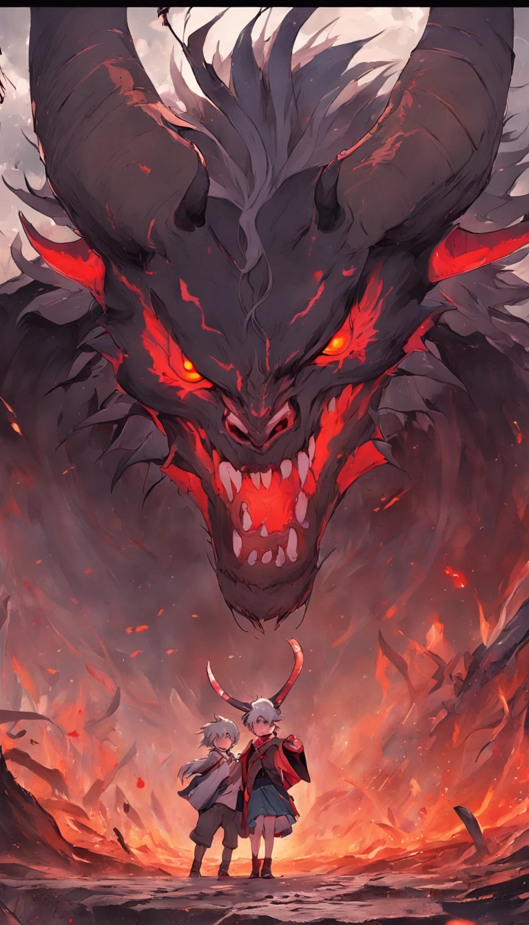 An epic scene in a desolate village reduced to ruin, there is a colossal demon monster with dark skin and huge curved horns on its forehead, in its mouth its huge teeth are covered with blood and remains of its victims. In front of him is a young, bruised, white-haired boy who, even staggering, defies the beast with determination while a magical flame appears in his hand