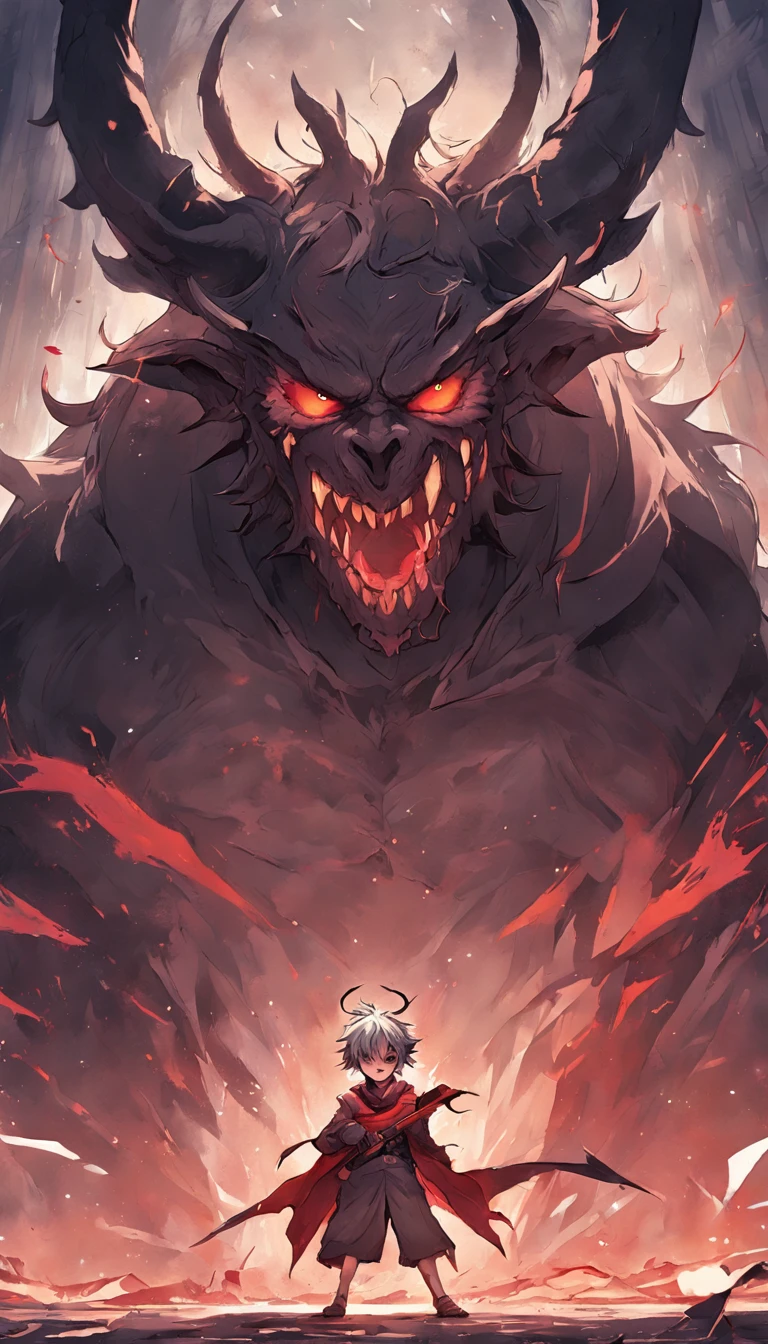 An epic scene in a desolate village reduced to ruin, there is a colossal demon monster with dark skin and huge curved horns on its forehead, in its mouth its huge teeth are covered with blood and remains of its victims. In front of him is a young, bruised, white-haired boy who, even staggering, defies the beast with determination while a magical flame appears in his hand