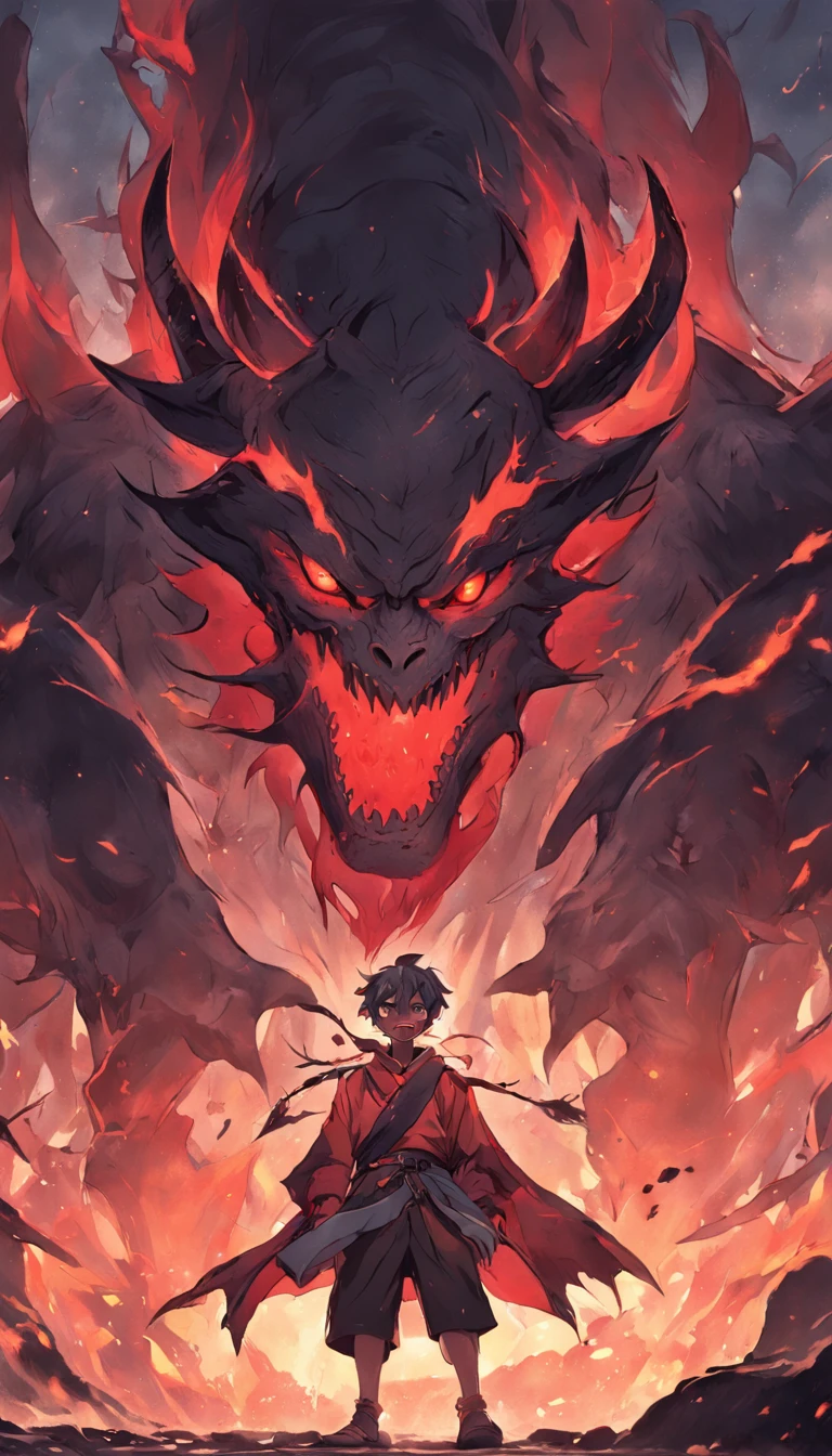 An epic scene in a desolate village reduced to ruin, there is a colossal demon monster with dark skin and huge curved horns on its forehead, in its mouth its huge teeth are covered with blood and remains of its victims. In front of him is a young, bruised, white-haired boy who, even staggering, defies the beast with determination while a magical flame appears in his hand