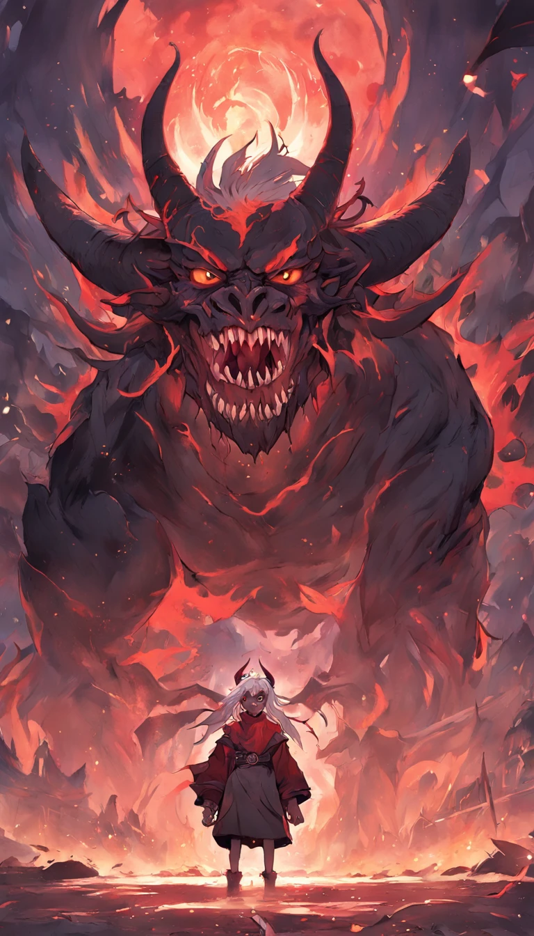 An epic scene in a desolate village reduced to ruin, there is a colossal demon monster with dark skin and huge curved horns on its forehead, in its mouth its huge teeth are covered with blood and remains of its victims. In front of him is a young, bruised, white-haired boy who, even staggering, defies the beast with determination while a magical flame appears in his hand