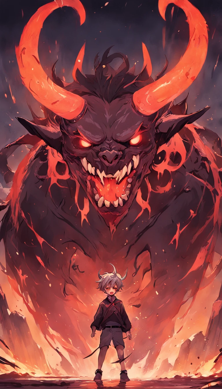 An epic scene in a desolate village reduced to ruin, there is a colossal demon monster with dark skin and huge curved horns on its forehead, in its mouth its huge teeth are covered with blood and remains of its victims. In front of him is a young, bruised, white-haired boy who, even staggering, defies the beast with determination while a magical flame appears in his hand