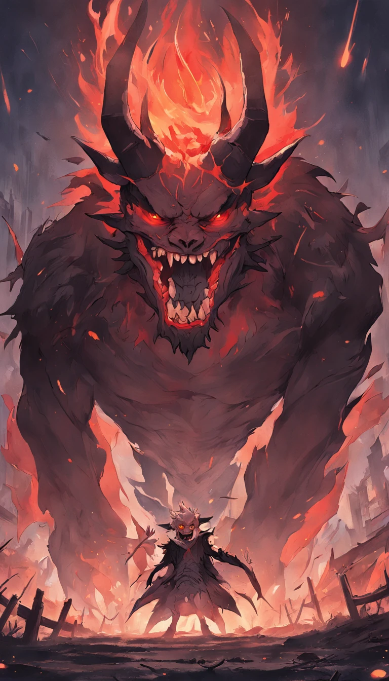 An epic scene in a desolate village reduced to ruin, there is a colossal demon monster with dark skin and huge curved horns on its forehead, in its mouth its huge teeth are covered with blood and remains of its victims. In front of him is a young, bruised, white-haired boy who, even staggering, defies the beast with determination while a magical flame appears in his hand