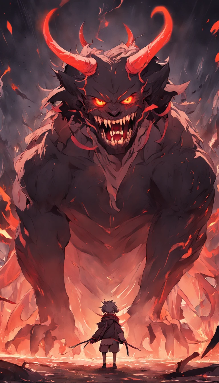 An epic scene in a desolate village reduced to ruin, there is a colossal demon monster with dark skin and huge curved horns on its forehead, in its mouth its huge teeth are covered with blood and remains of its victims. In front of him is a young, bruised, white-haired boy who, even staggering, defies the beast with determination while a magical flame appears in his hand