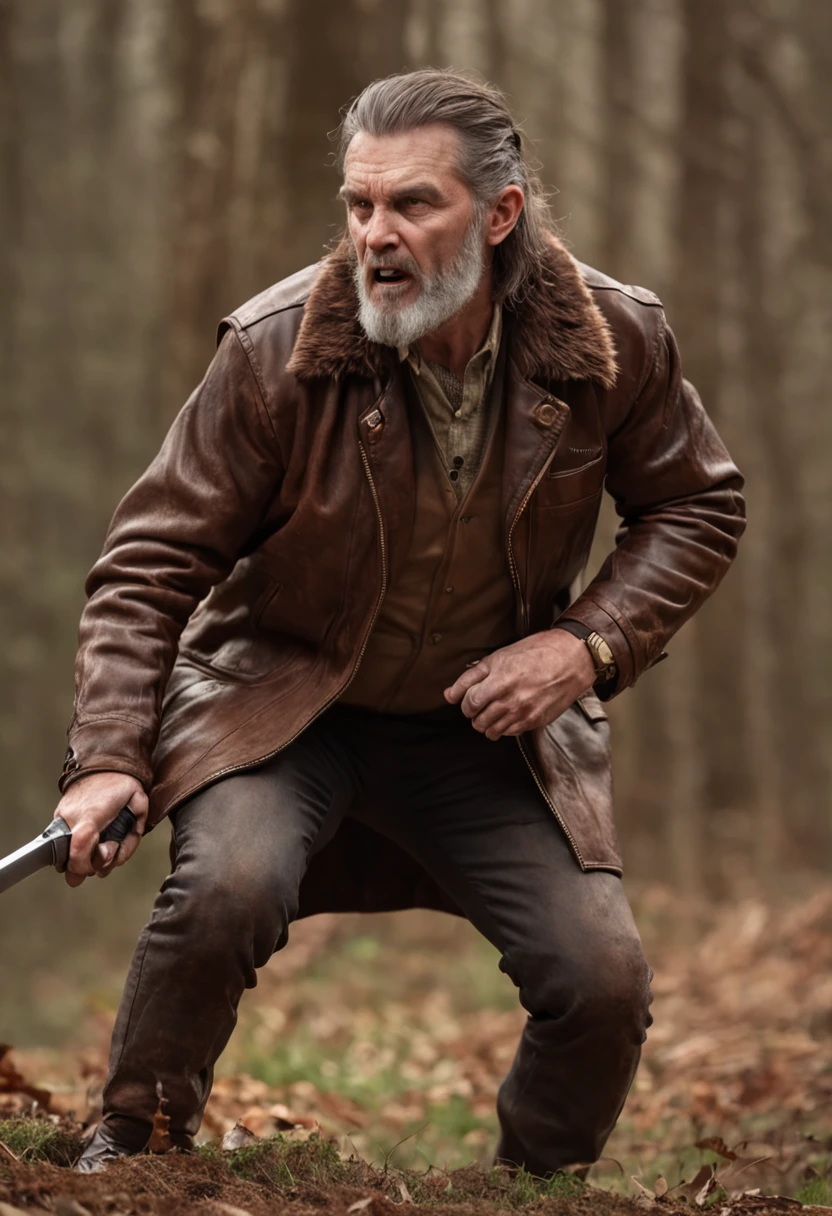 a hunter and a boar fighting fiercely; the hunter is a 50 years old man with a long beard , holding an axe, all dressed with brown leather and brown furs, leather trousers, leather jacket ; the boar is a big animal with long fangs; high resolution, hyperdetailed, hyperealistic, sharp focus, photo realistic, intricate details,