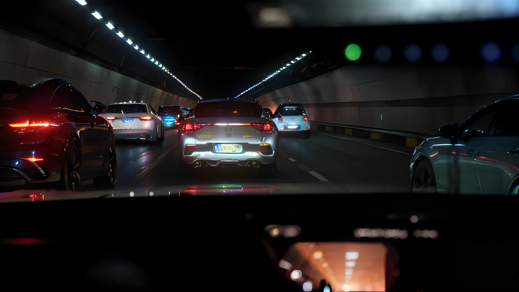A car with lights on in a tunnel at night, inside the tunnel, gurney with ambient lighting, shot on leica sl2, taken with a Sony A7R camera, Tunnels lead to different worlds, cars on the road, perspective shot, car lights, Drive through the city, inside car, viewed through the cars window, Shot on Sony A 7