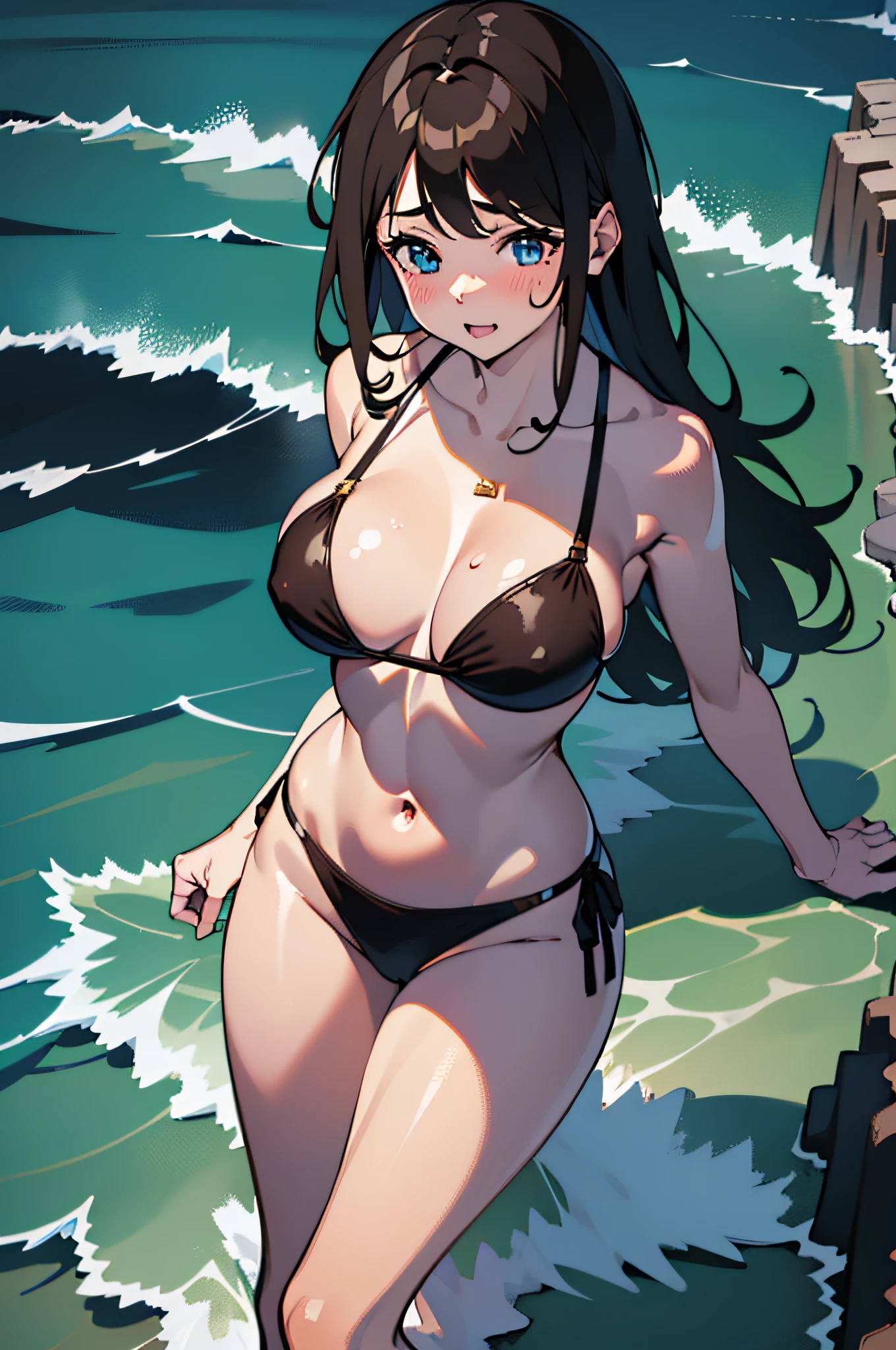 (Best quality, 8k, 32k, Masterpiece, UHD:1.2),Photo of Pretty Japanese woman, 1girl, (large breasts), (tall female), (abs), (lips), (medium-short dark brown hair), double eyelid, wet skin, thong, realistic ray light, beach