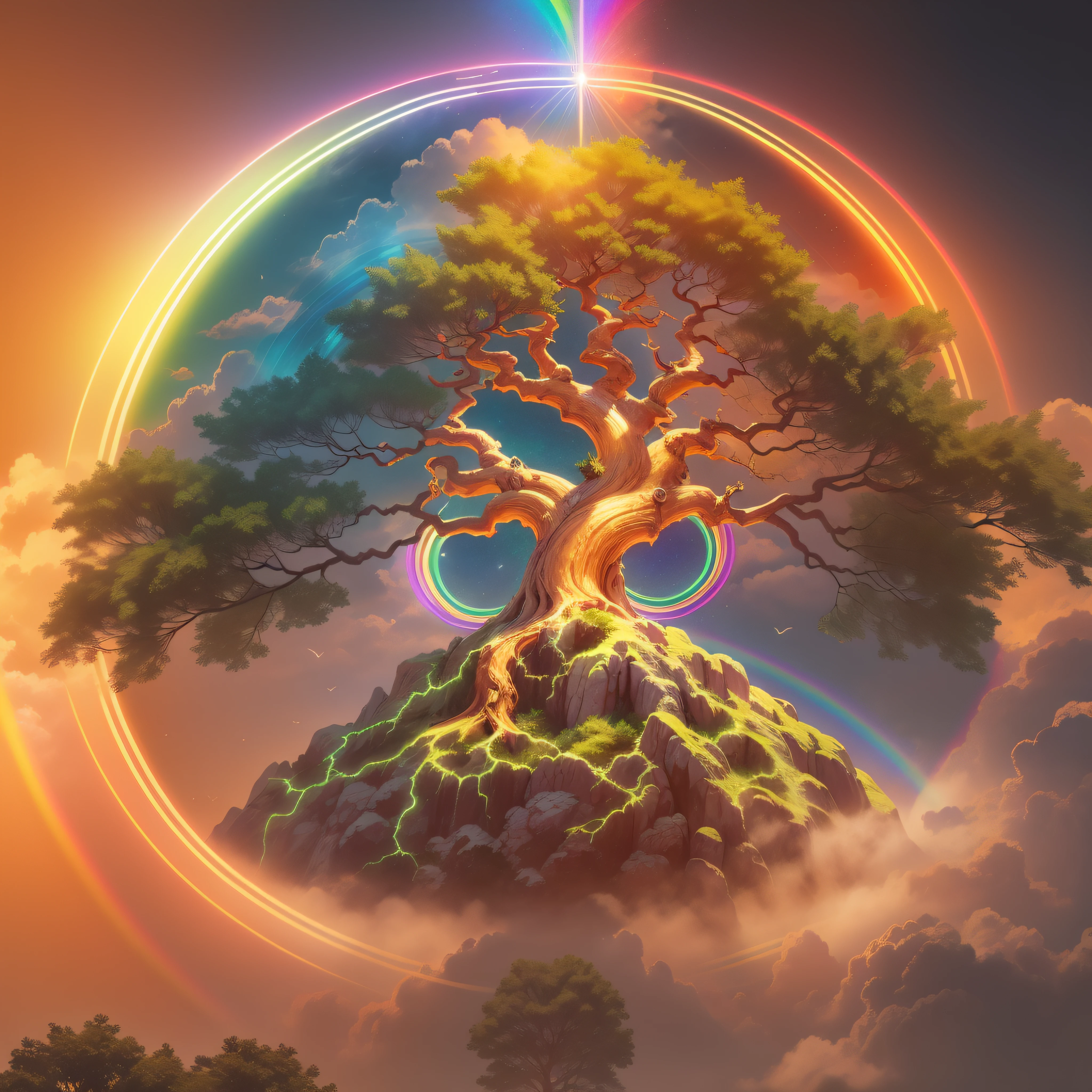 Bodhi tree, symbol of Buddhism, iridescent in rainbow colors, with a golden aura around him with a very bright divine light descending from the sky,  High Definition Image, detalhamento alto e estilo fotorrealismo. Imagem com pelo menos 300 dpi, UHD 8k