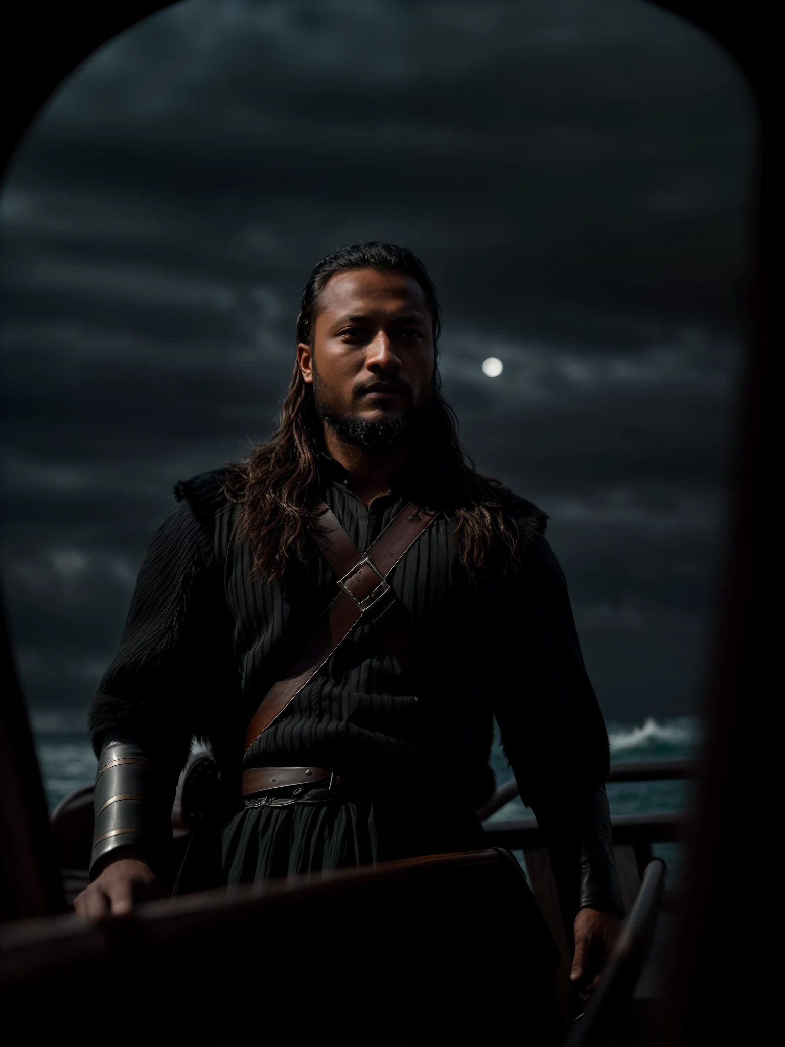 Realistic 8k image of Shakib Al Hasan as Ragnar Lothbrok (with black hair) onboard a viking longship, ((low angle hero shot)), (Upper body closeup), show Shakib Al Hasan as Ragnar navigating treacherous waters, Shakib Al Hasan as Ragnar is navigating his crew, show Shakib Al Hasan commanding the ship crew, this scene will be dark and scary, highlighting Shakib Al Hasan sailing on treacherous waters, dark tones with moonlit seas, dark and intimidating atmosphere like Viking series colour tone, ((sharp focus on portrait)), (balanced composition), high quality and realistic image, cinematic style, ((Best quality, 8k, Masterpiece), rough face, detailed skin, masterpiece, professional photography, (high detail:1 1), natural skin, (detailed face and eyes), (face: 1 2), noise, real photo, film photography, high resolution, 8k, realistic, 8k UHD, SLR camera, high quality, film grain, (Fujifilm X-T20, Fujifilm Fujinon XF 50mm f/2 R WR lens, Lens focal Length 50mm, Shutter speed 1/300 sec, APERTURE: 2, ISO: 80), volumetric lighting, dark background, dark fantasy, highly detailed, sharp focus, shallow depth of field, bokeh, blurry background, high contrast, contrast lighting, (dim colours), exposure blend, (dusty:1.3)